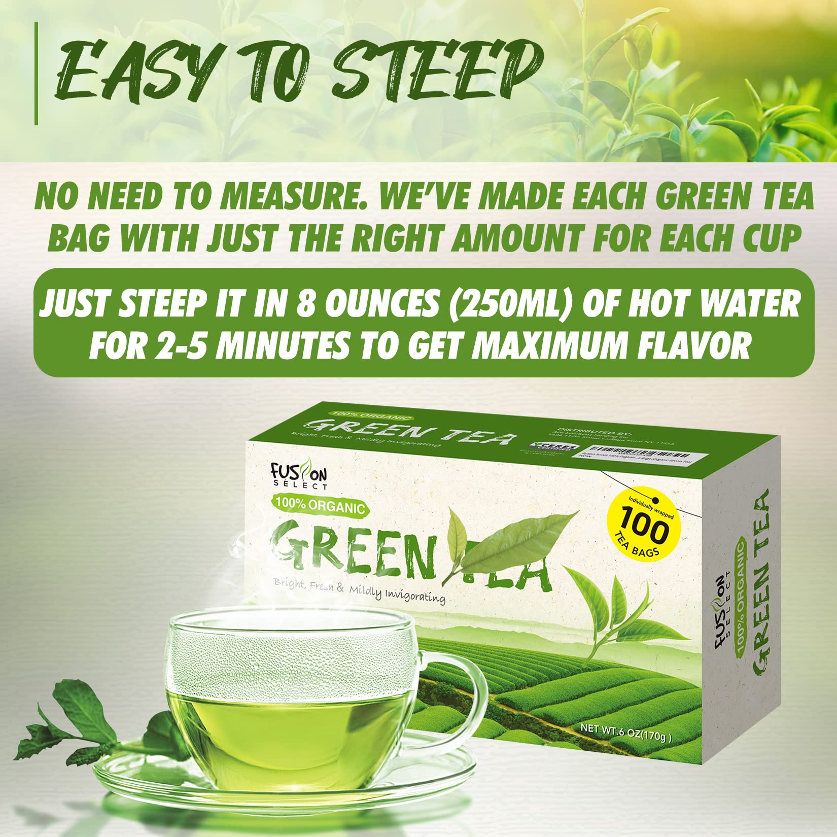 Fusion Select Organic Green Tea - Fresh Drink with Mild & Bright Flavor - Easy to Brew - Relaxing Tea Beverages with Antioxidant Support - 100