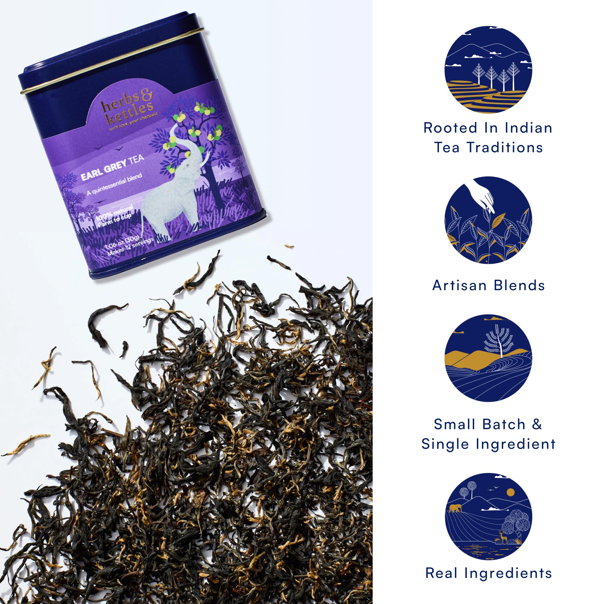 Herbs & Kettles Earl Grey Tea ,1.06 oz | Assam Black Tea Infused with Italian Bergamot Oil | Premium Loose Leaf Earl Grey with Smooth Citrus Aroma