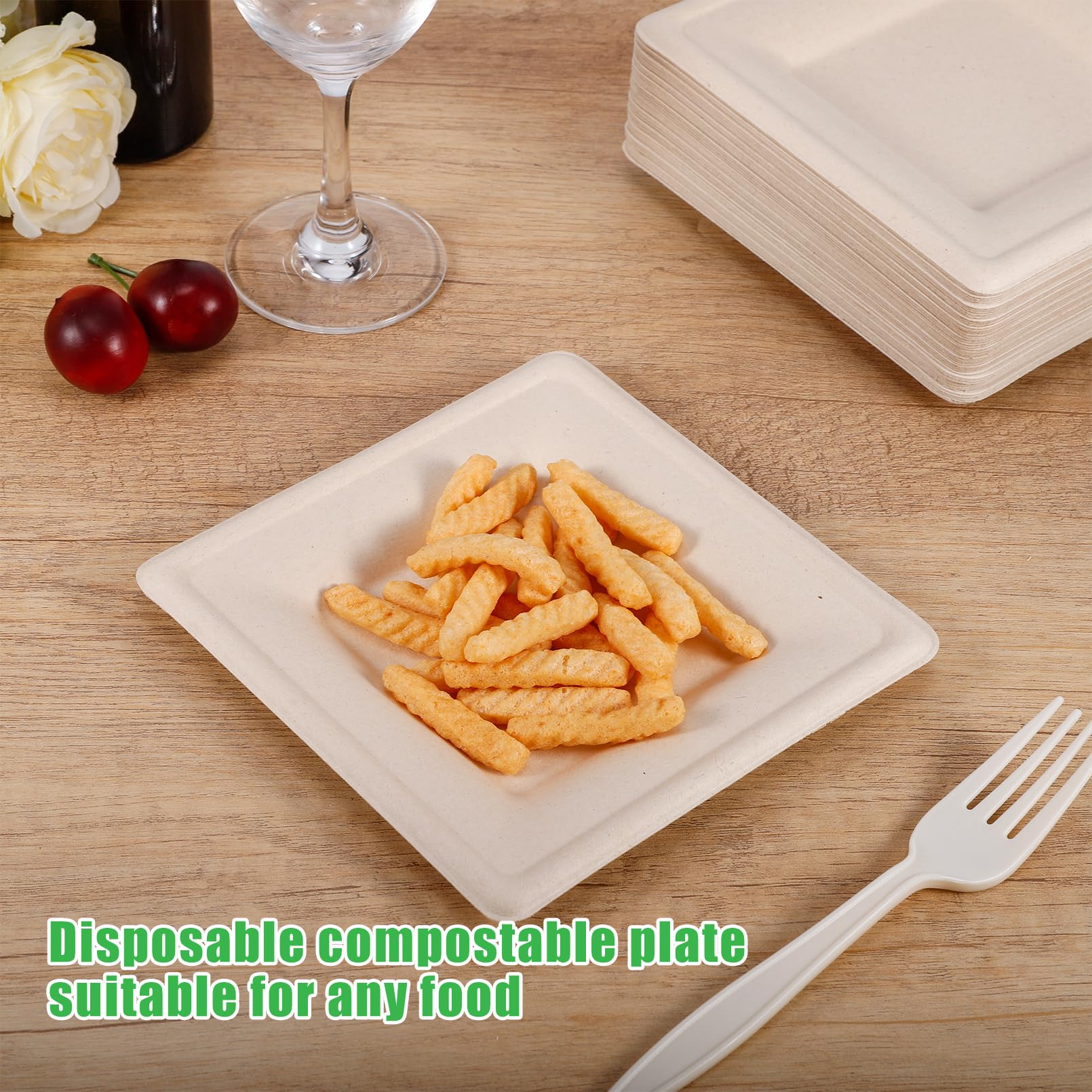 Bgtecho 125 Pack Compostable Square Plates,6 Inch Disposable Paper Plate,Heavy Duty Square Paper Plates,Biodegradable Bagasse Plate for Party Picnic
