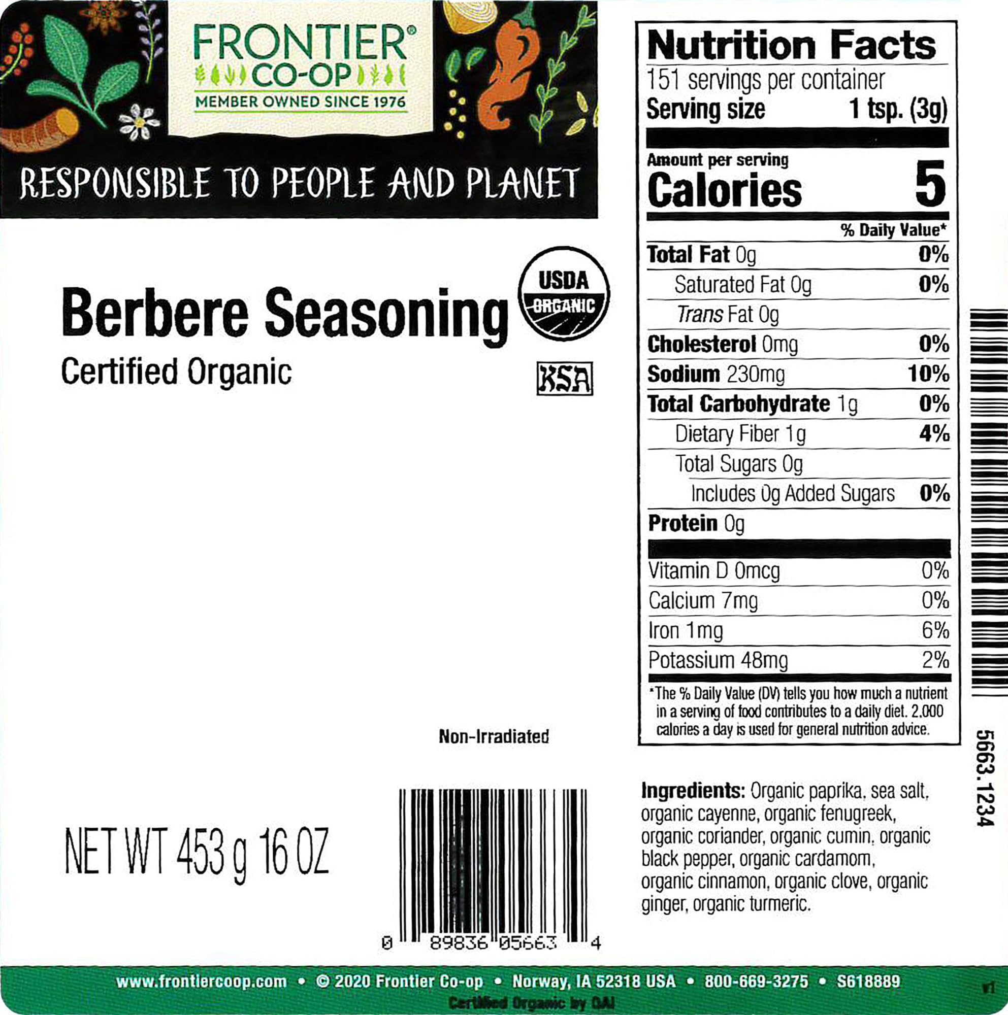 Frontier Co-op Berbere Seasoning, 1lb Bulk Bag, Organic & Natural Berbere Spice Blend - Premium Spicy Seasoning for Ethiopian Food & More, Kosher