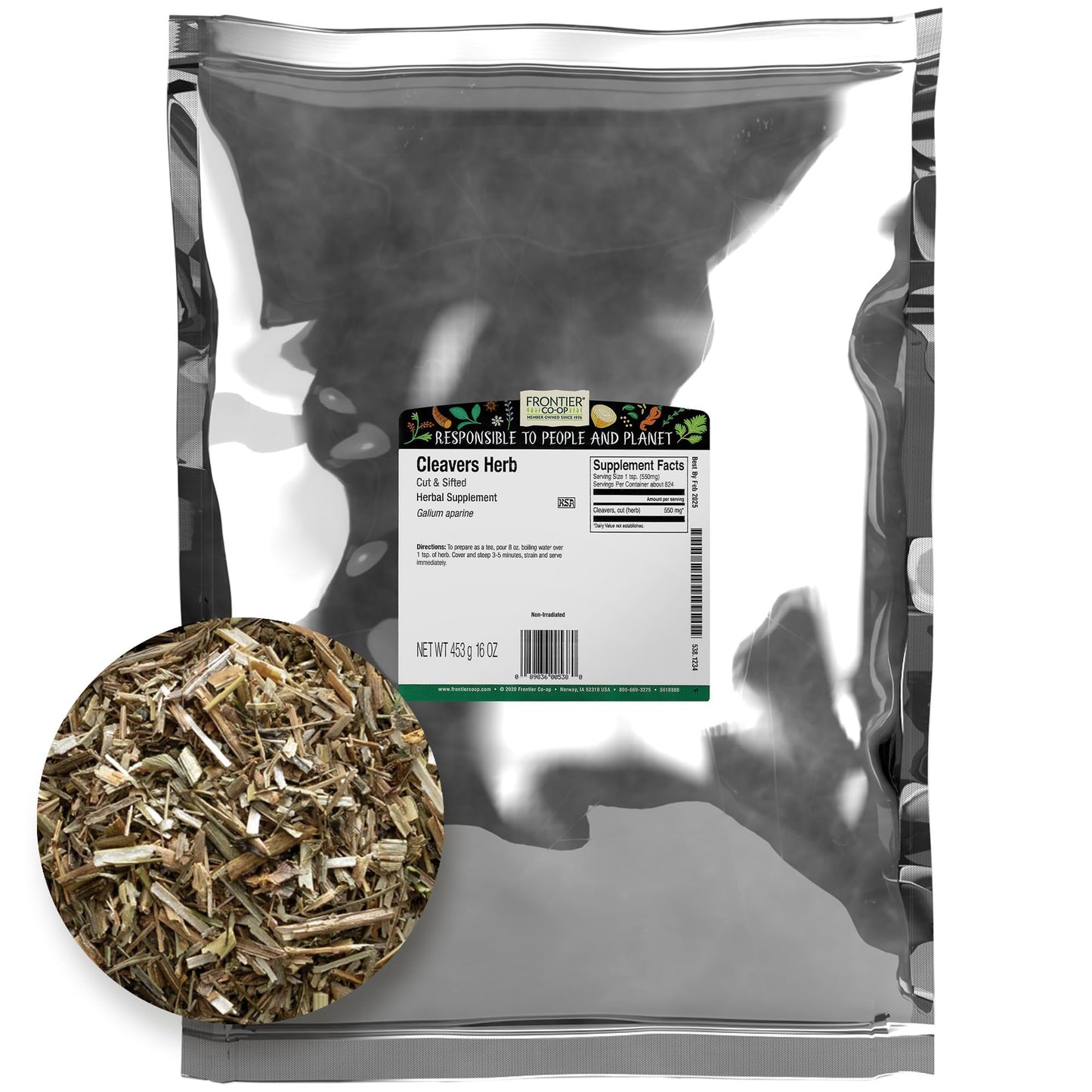 Frontier Co-op Cut and Sifted Cleavers Herb 1lb Bulk Bag - for Cleavers Tea, Tincture, Digestion