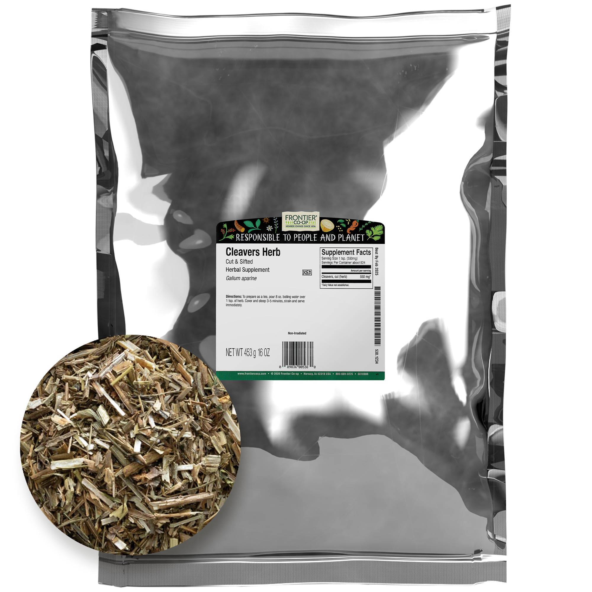 Frontier Co-op Cut and Sifted Cleavers Herb 1lb Bulk Bag - for Cleavers Tea, Tincture, Digestion