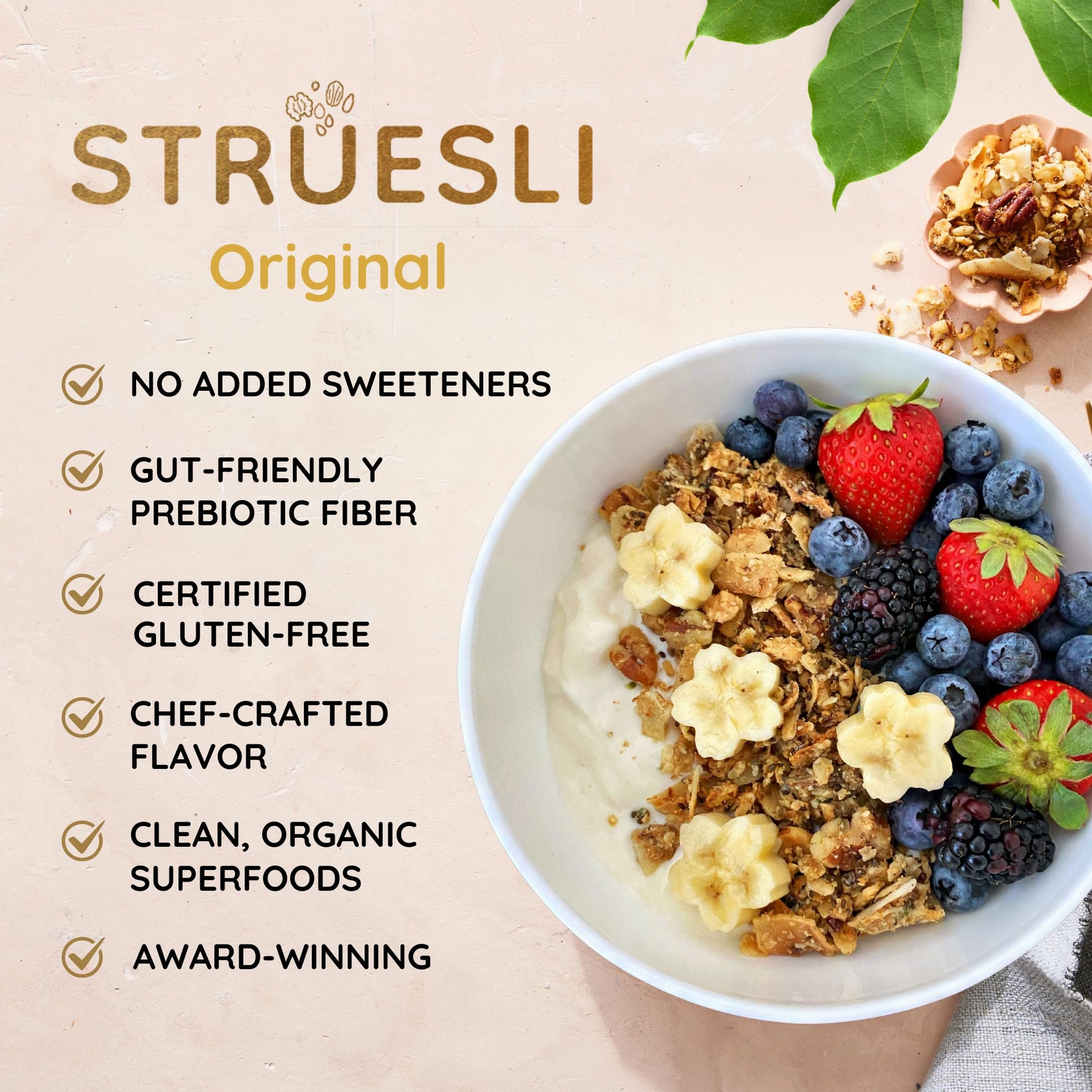 Struesli Original Organic Granola, Grain & Gluten Free, Healthy Snacks with Chia Seeds, Nuts and Sea Salt, Prebiotic High Fiber Food for Yogurt