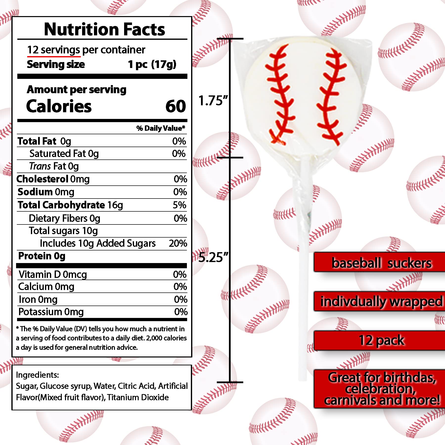 Baseball Lollipops Suckers Sports Pops for Birthday, Sports Event or Baseball Party Favor, Individually Wrapped 12 Pack