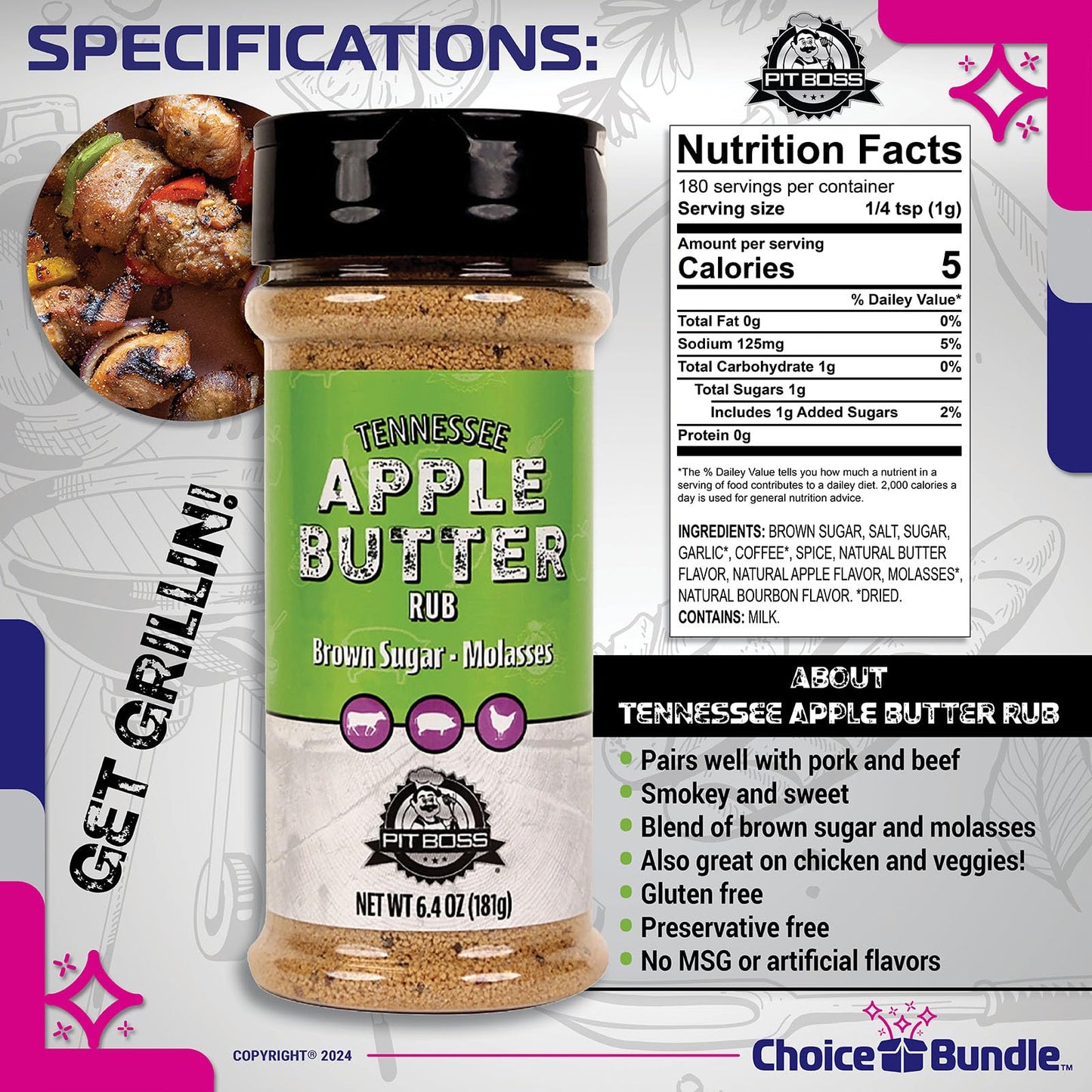 Pit Boss Tennessee Apple Butter Premium BBQ Barbecue Mixed Seasoning Spice & Rub 3 pk Choice Bundle (19.2 oz) + Guide & Keychain Bottle Opener (5