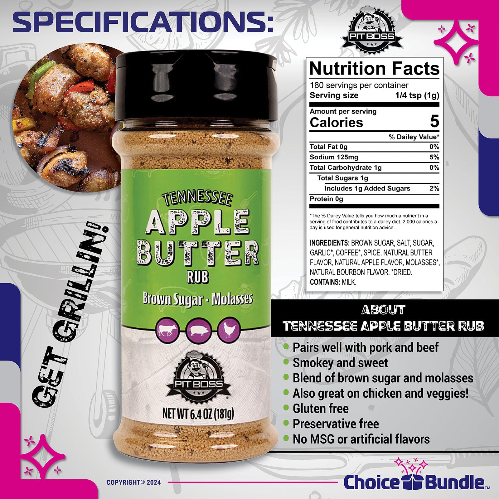 Pit Boss Tennessee Apple Butter Premium BBQ Barbecue Mixed Seasoning Spice & Rub 4 pk Choice Bundle (25.6 oz) + Guide & Keychain Bottle Opener (6