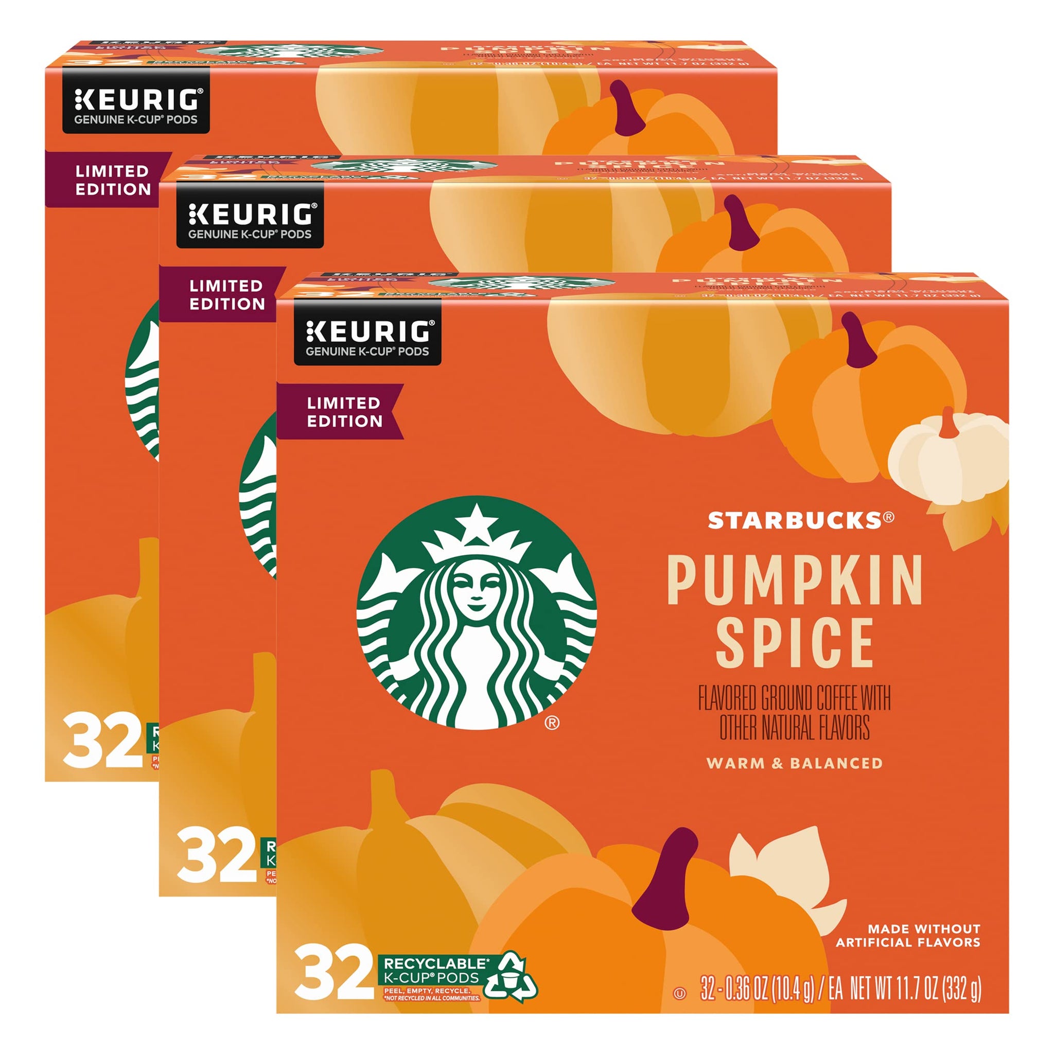 Starbucks Limited Edition Flavored Coffee K-Cups, Pumpkin Spice, Keurig Genuine K-Cup Pods, Made without Artificial Flavors, 32 CT K-Cup Pods/Pack