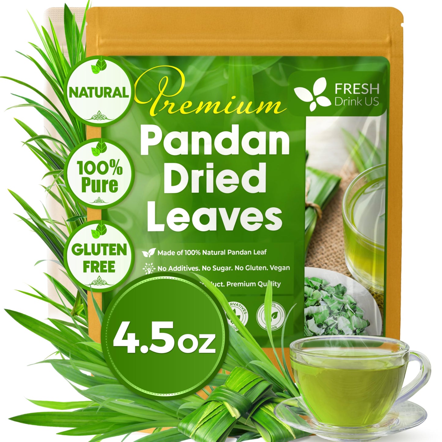 FreshDrinkUS, Premium 4.5oz Natural Pandan Leaves Dried, 100% Pure Dried Pandan Leaves, Pandan Leaf Tea, No Additives, No Caffeine, Vegan