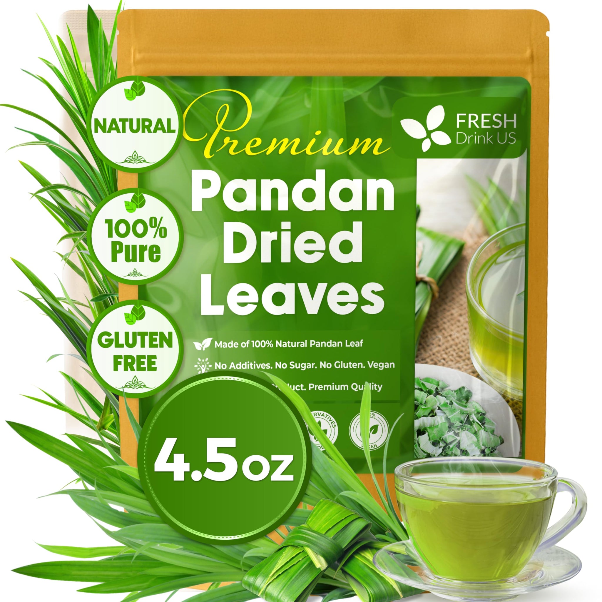 FreshDrinkUS, Premium 4.5oz Natural Pandan Leaves Dried, 100% Pure Dried Pandan Leaves, Pandan Leaf Tea, No Additives, No Caffeine, Vegan