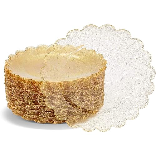 BLUE PANDA 50-Pack Gold Plastic Plates - Gold Glitter Plates with Scalloped Edges, Disposable for Birthdays, Weddings, Bridal Shower, 9 inches