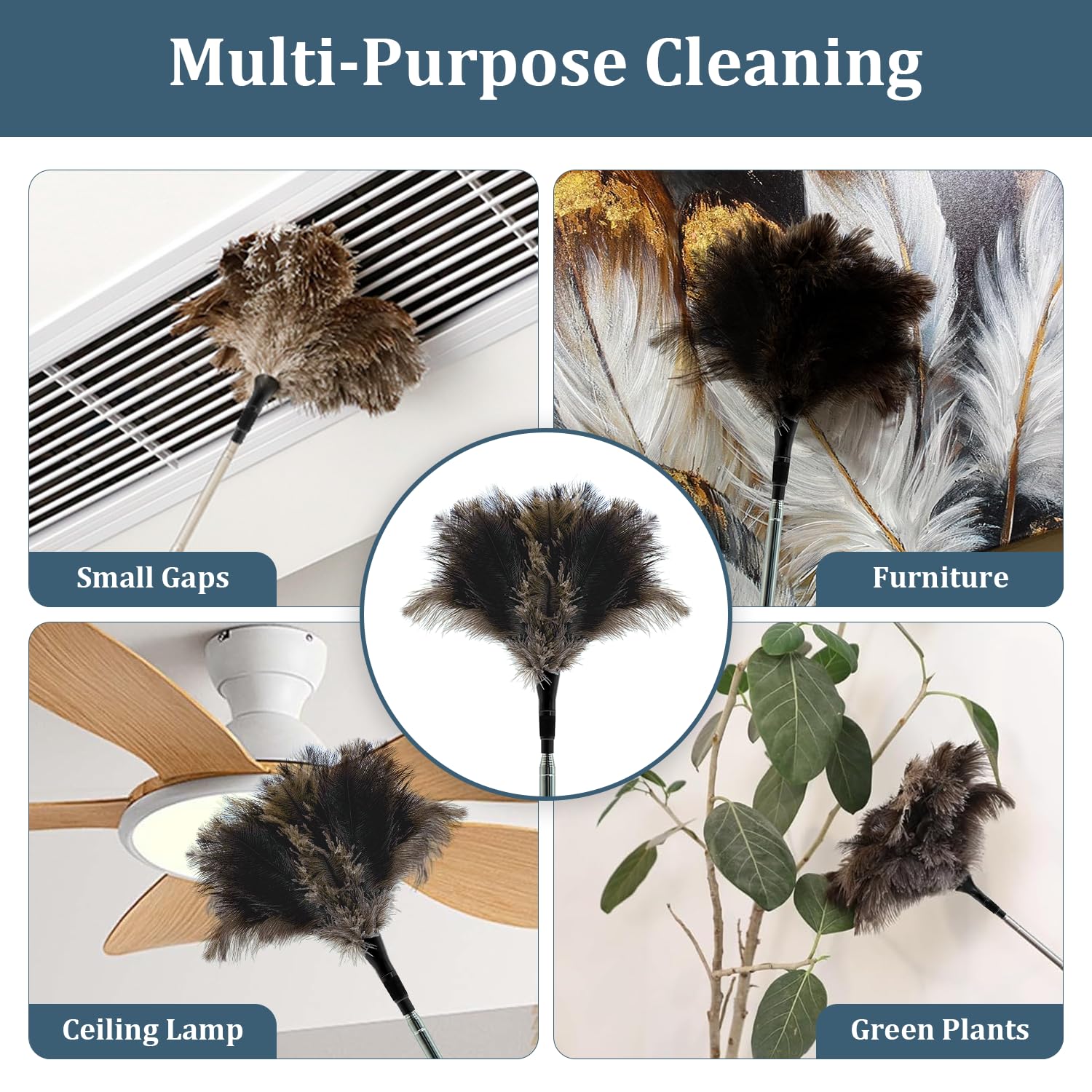Extendable Feather Duster - 47 inches Soft Long Handle Reusable Feather Duster for Cleaning Ceiling Fan,Hanging lamp, High Ceiling, Blinds