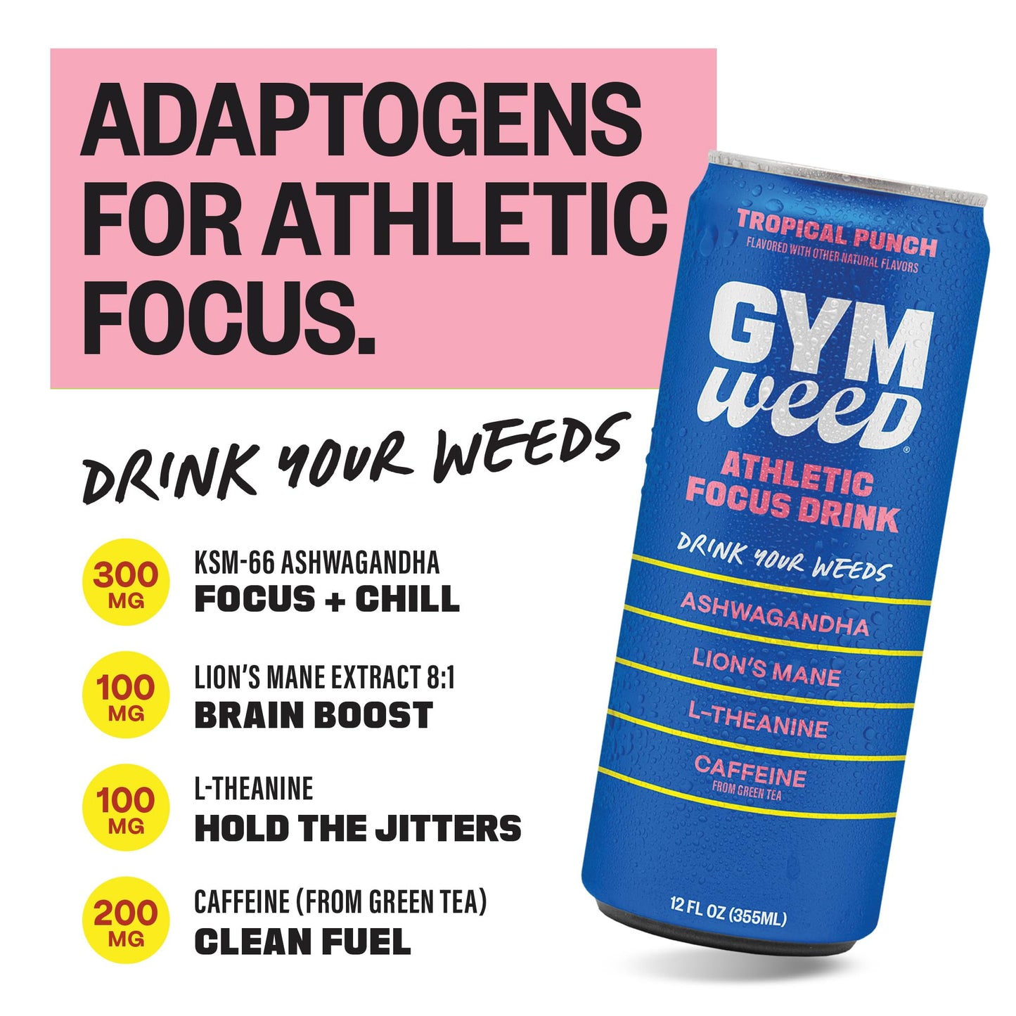 GYM WEED Athletic Focus Drink with KSM-66 Ashwagandha, Lion's Mane Mushroom, L-Theanine, 200mg Green Tea Caffeine with Natural Sweeteners Tropical