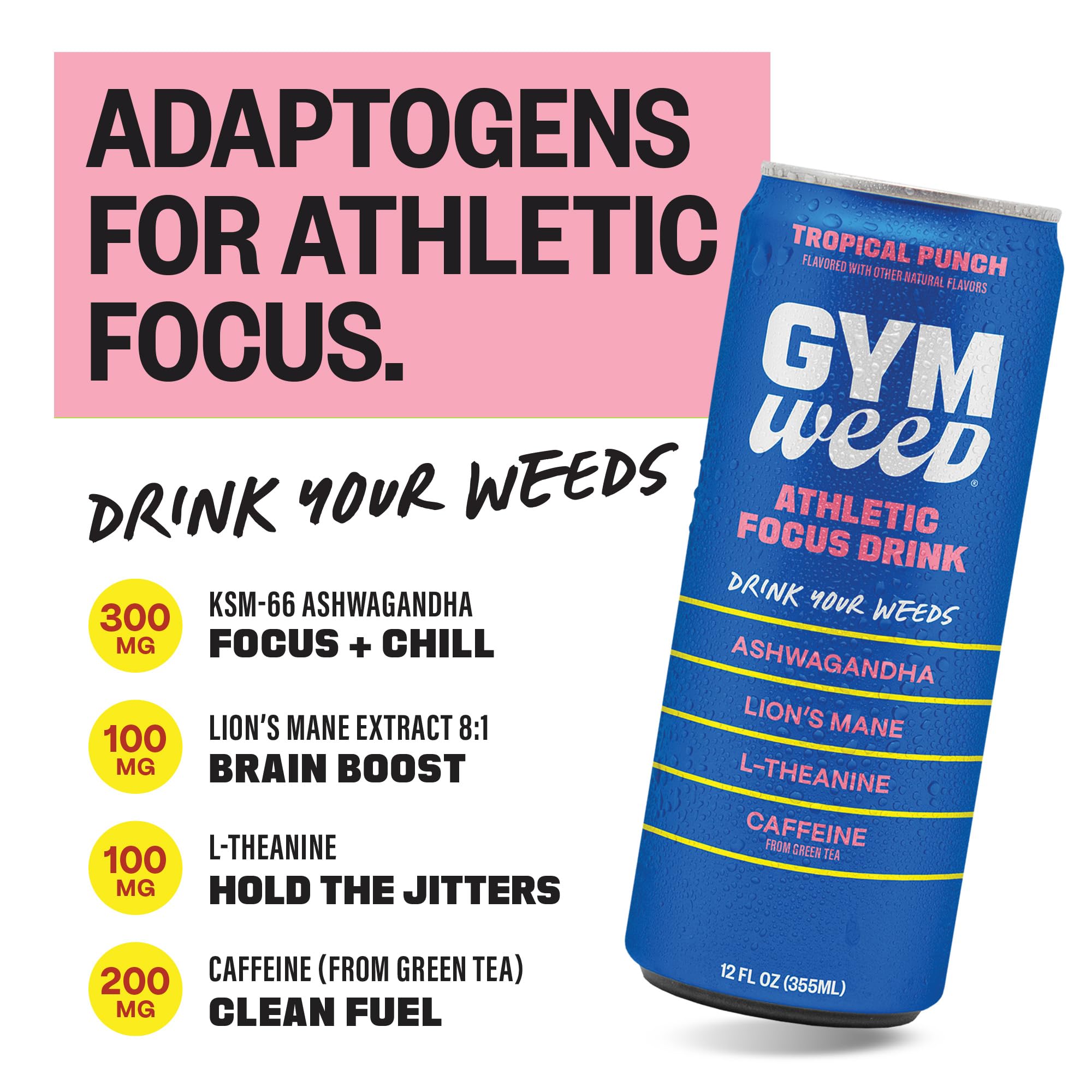 GYM WEED Athletic Focus Drink with KSM-66 Ashwagandha, Lion's Mane Mushroom, L-Theanine, 200mg Green Tea Caffeine with Natural Sweeteners Tropical