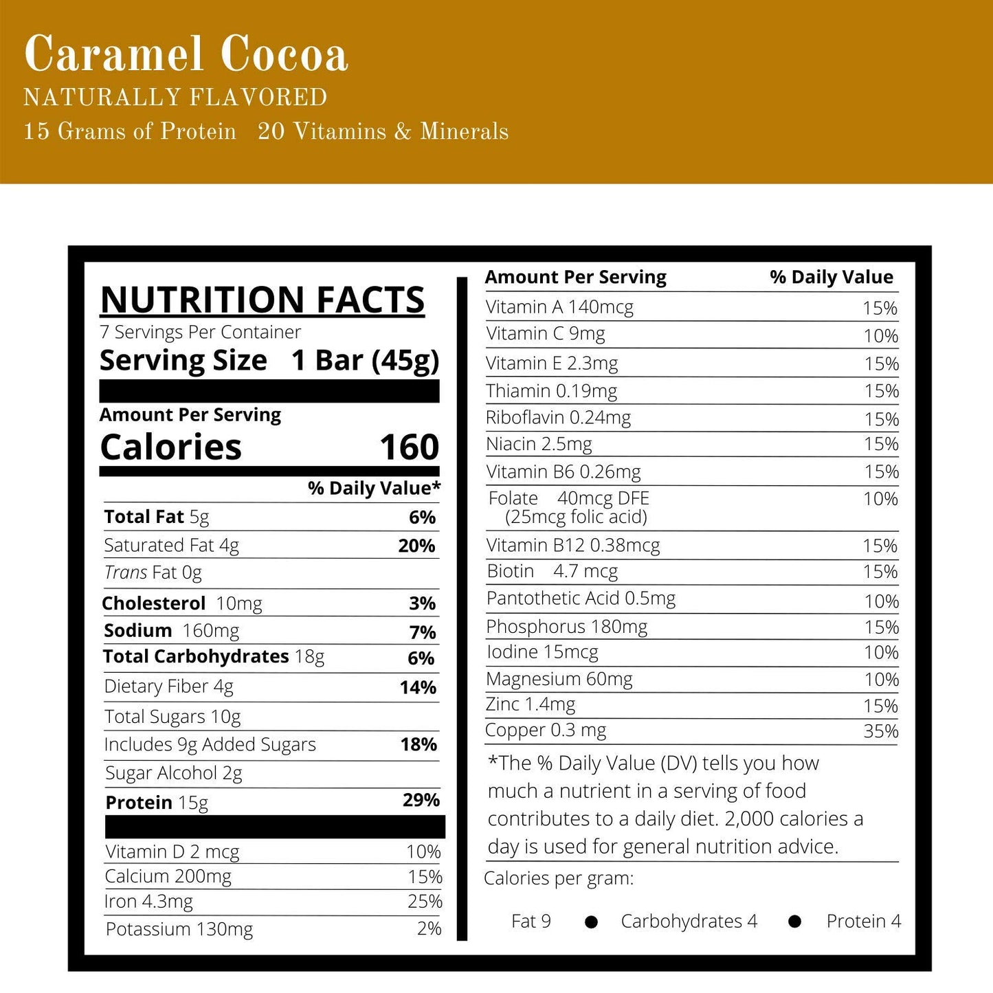 Nutmeg State Nutrition High Protein Snack and Meal Replacement Bar/Diet Bars - Caramel Cocoa (7ct) - Trans Fat Free, Aspartame Free, Kosher, High
