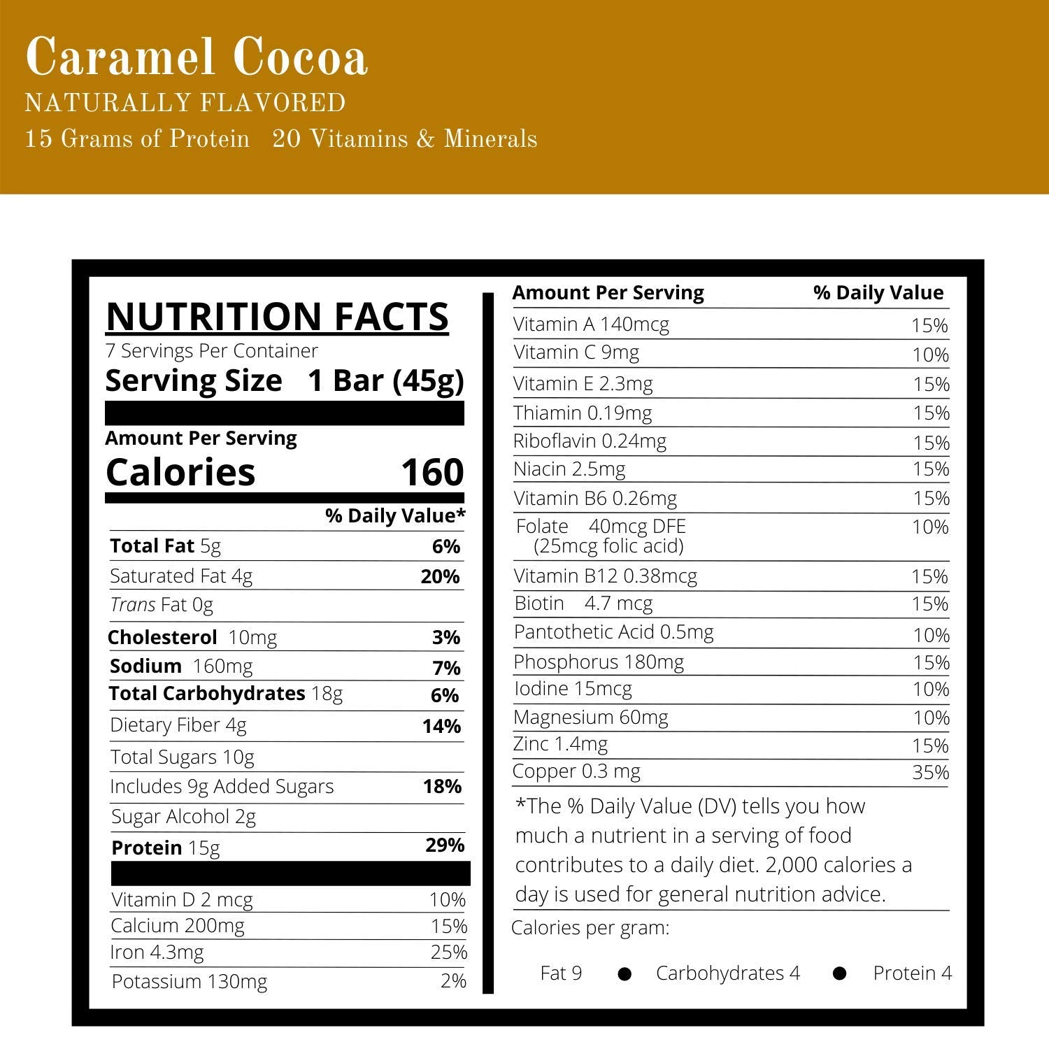 Nutmeg State Nutrition High Protein Snack and Meal Replacement Bar/Diet Bars - Caramel Cocoa (7ct) - Trans Fat Free, Aspartame Free, Kosher, High