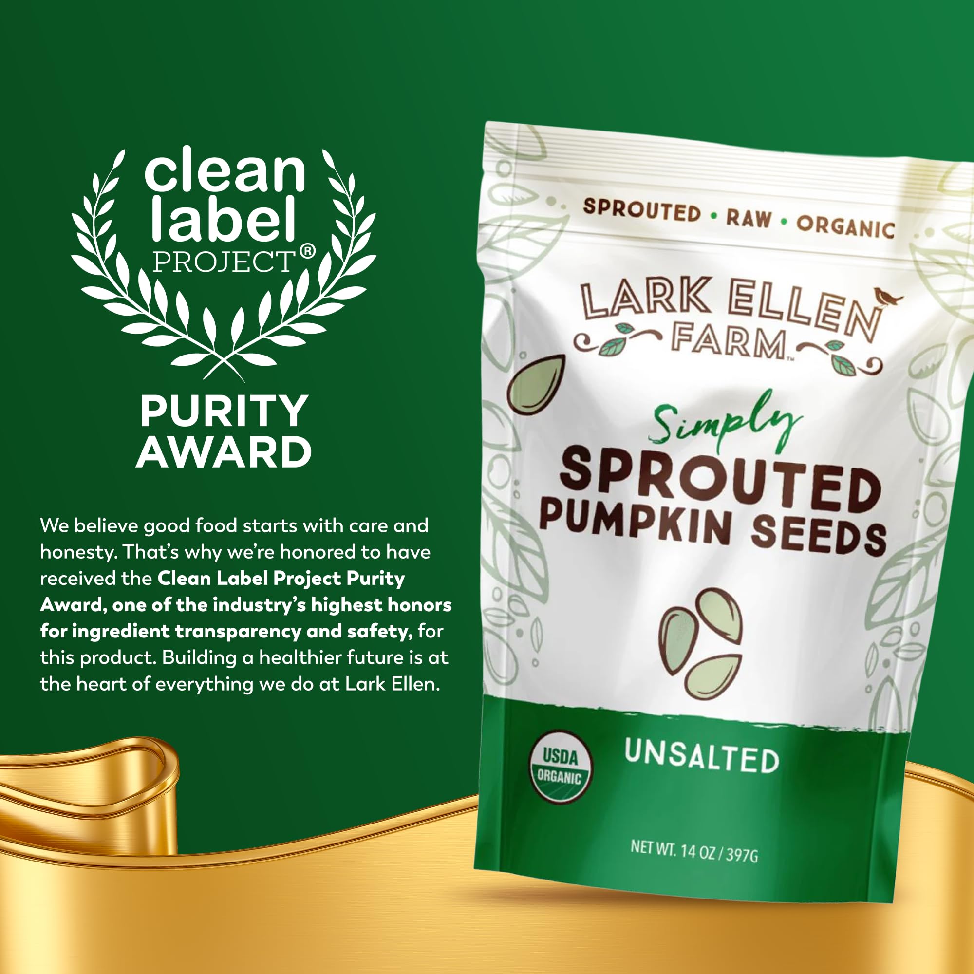 Lark Ellen Farm Sprouted Organic Pumpkin Seeds - Raw, Unsalted, Air-Dried Pepitas for Snacking, Salads, Trail Mix - USDA Organic, Non-GMO, Vegan