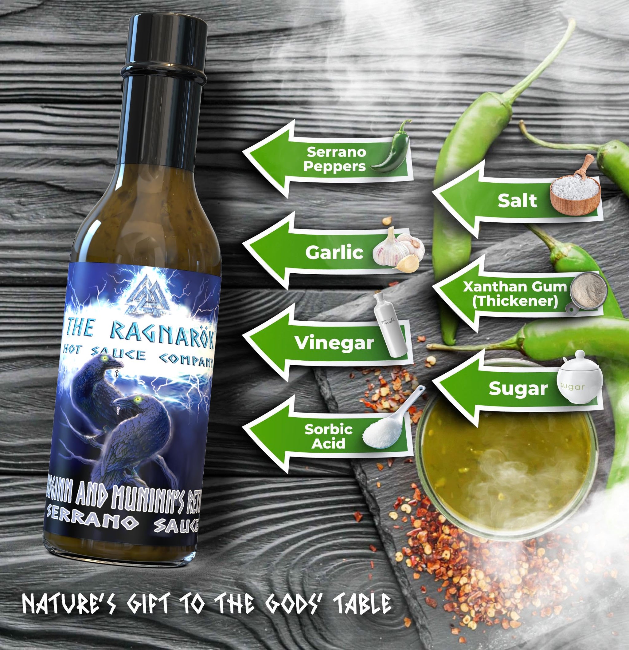 The Ragnarok Hot Sauce Company - Gourmet Serrano Pepper Hot Sauce - All Natural, Gluten Free, Made in USA - 5oz Bottle