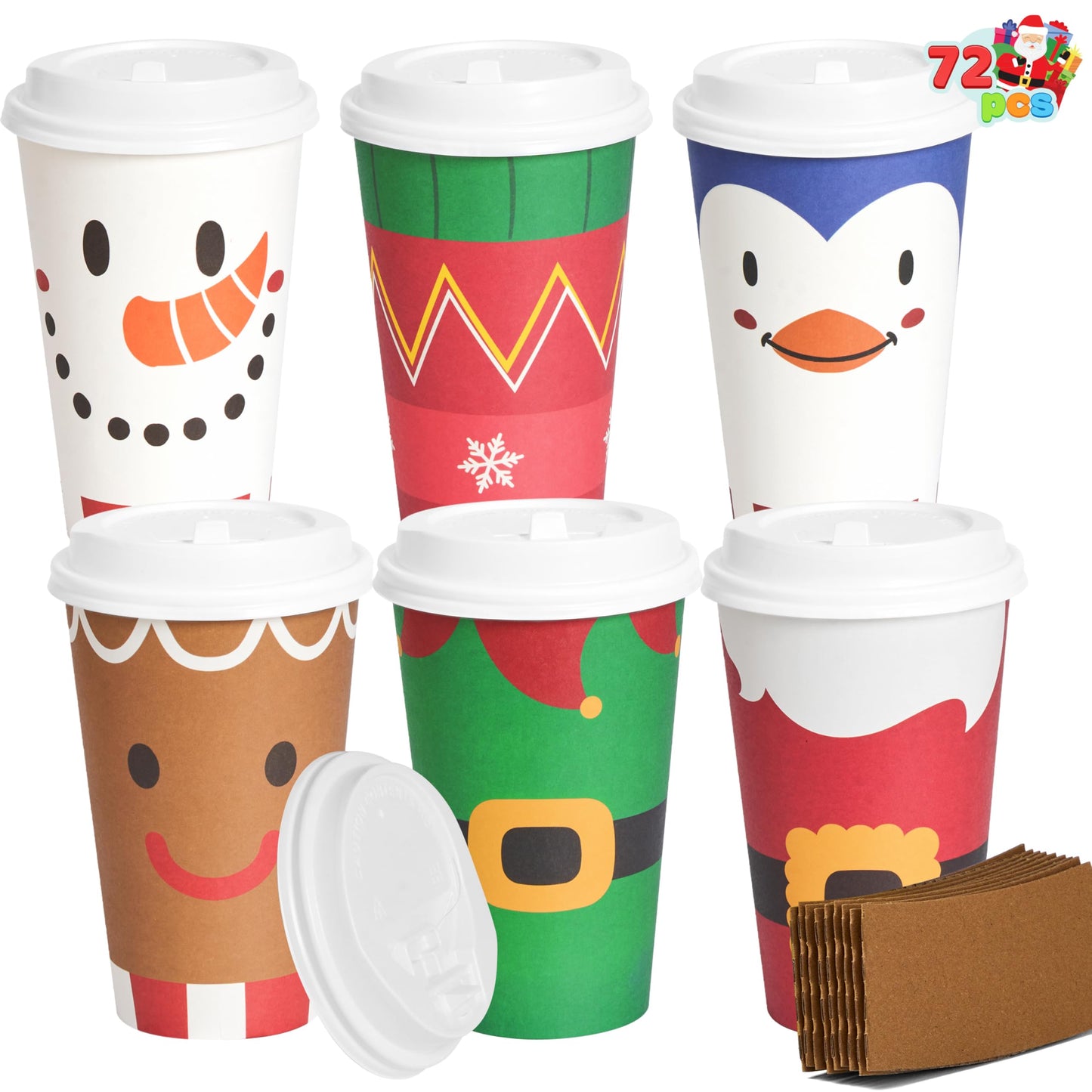 JOYIN 72 Pcs Christmas Disposable Cups with Sleeves and Lids, 4 Designs Xmas Drinkware 16 oz Paper Cup For Hot Chocolate Coffee Cold Beverage