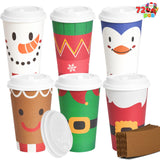 JOYIN 72 Pcs Christmas Disposable Cups with Sleeves and Lids, 4 Designs Xmas Drinkware 16 oz Paper Cup For Hot Chocolate Coffee Cold Beverage