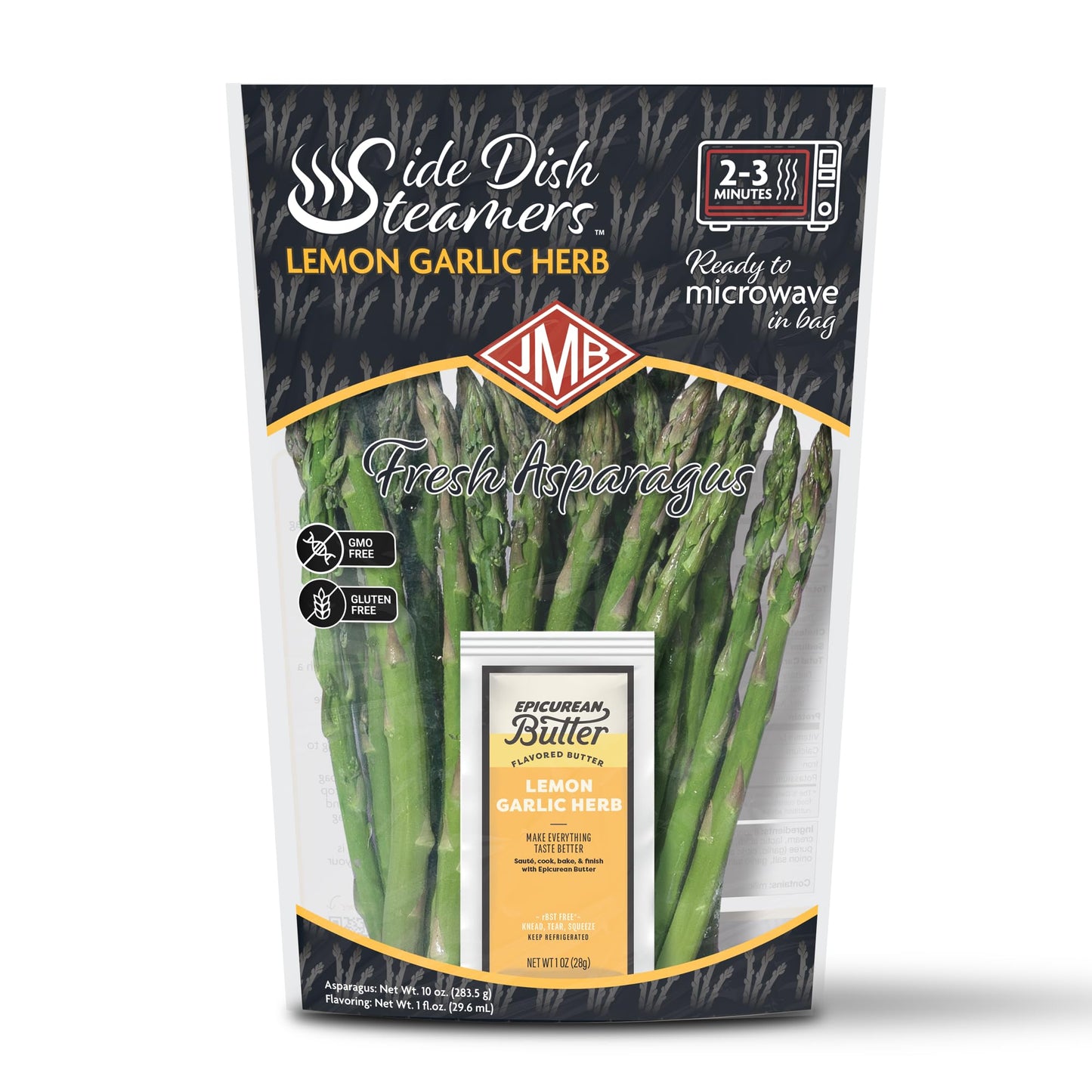 JMB Produce Side Dish Steamers - Asparagus Side Dishes - Lemon Garlic Flavor - Microwavable Fresh Vegetable Meals Ready to Eat - 1 Count