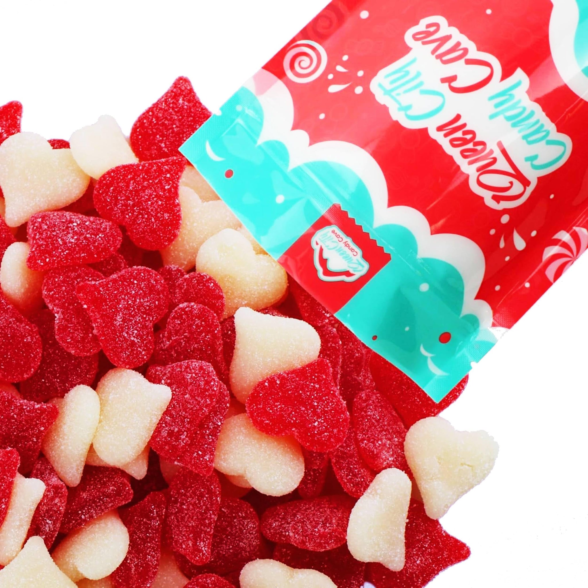 Sugar Dusted Sweet Cherry Candy Hearts - Red and White Jelly Hearts - Cherry and Strawberry Banana Fun Shape Vibrant Gummy Valentine Heart Candy