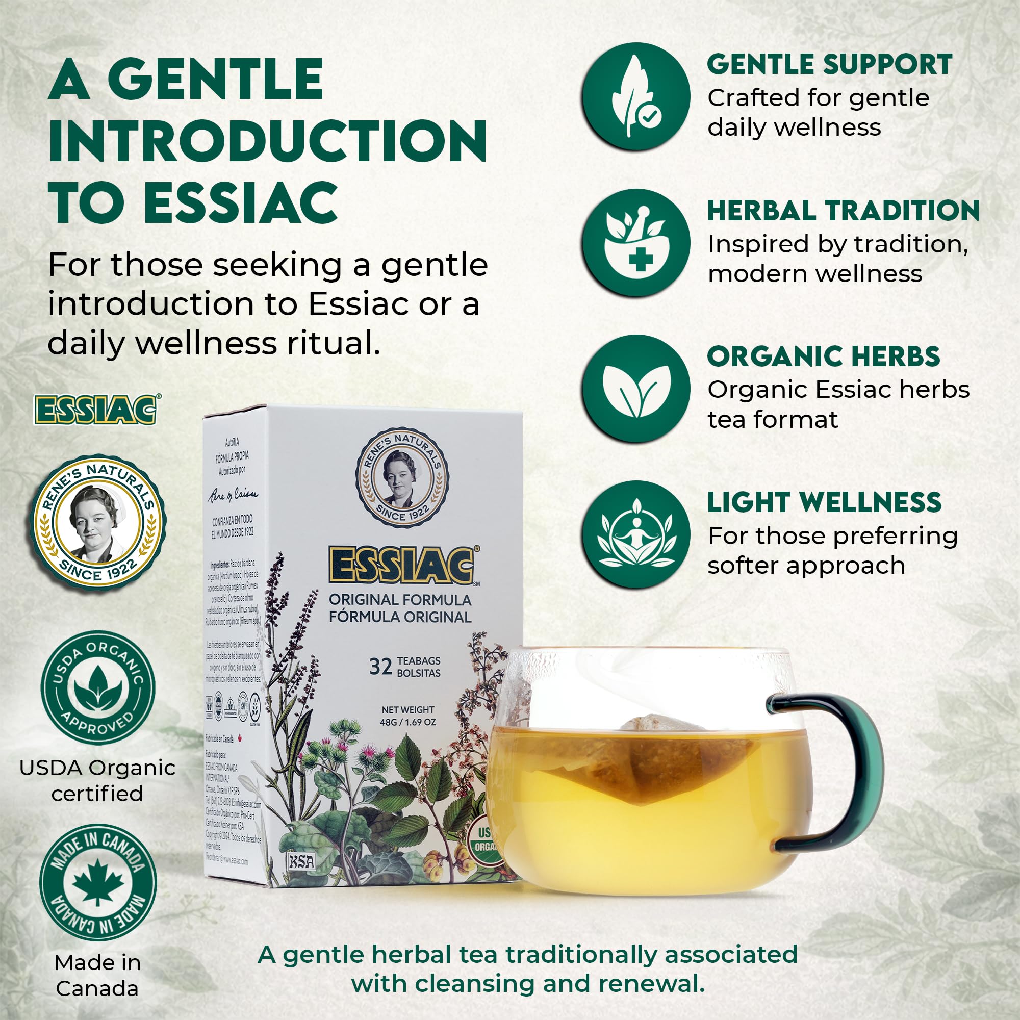 Rene’s Naturals Essiac Tea Bags - USDA Organic - Original 4-Herb Formula Since 1922 -, Non-GMO, Vegan - 32 Teabags - Gentle Daily Cleansing
