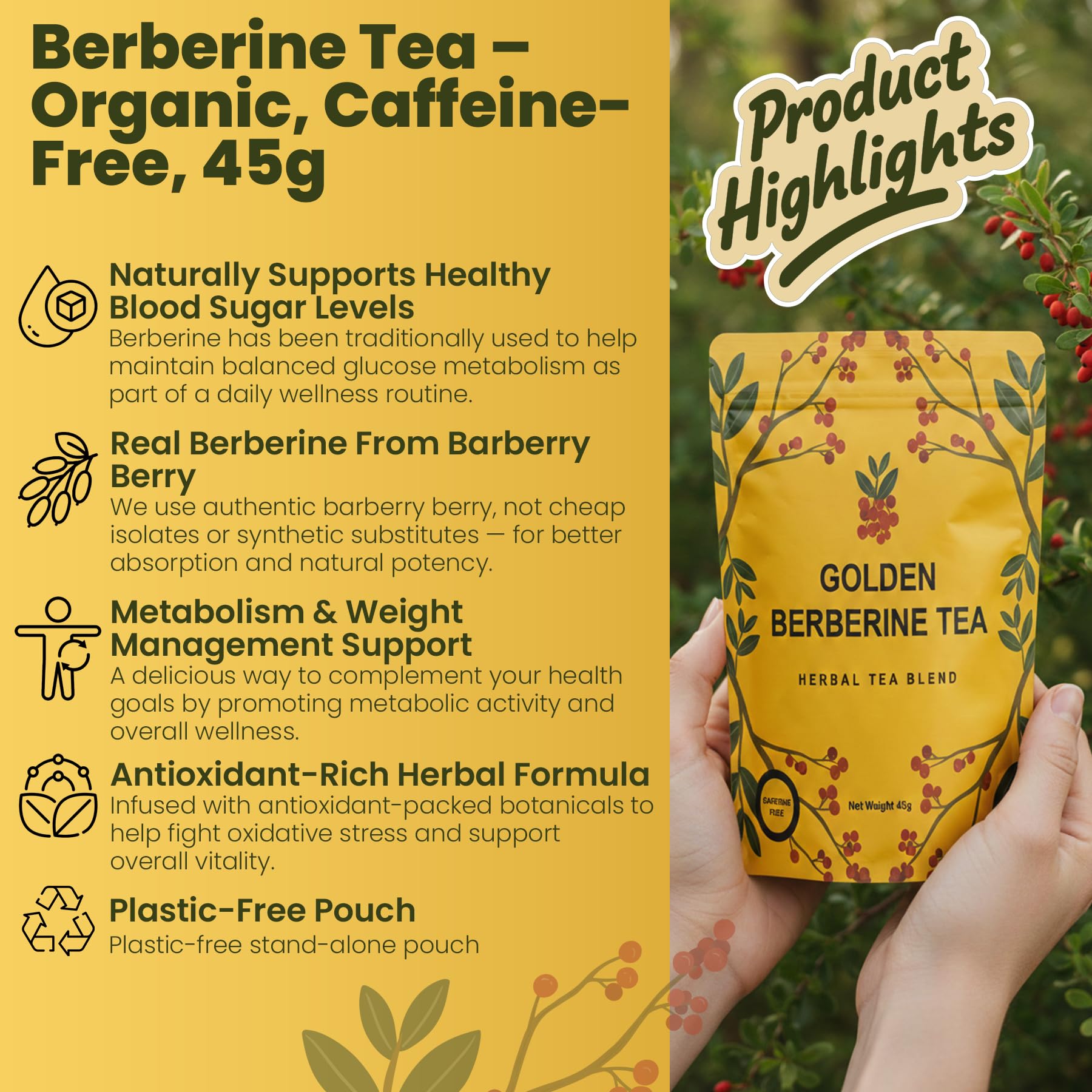 Berberine Tea 45g Natural Organic Caffeine-Free Blend Non-GMO Herbal in Plastic-Free Stand Alone Pouch Delicious Antioxidant for Immune Support