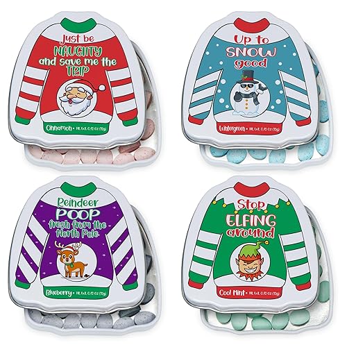4E's Novelty Humorous "Christmas Poop" Candy Breath Mint Tins, 4 Pack Ugly Sweater Tins Funny Christmas Candy Stocking Stuffer for Kids Teens Adults