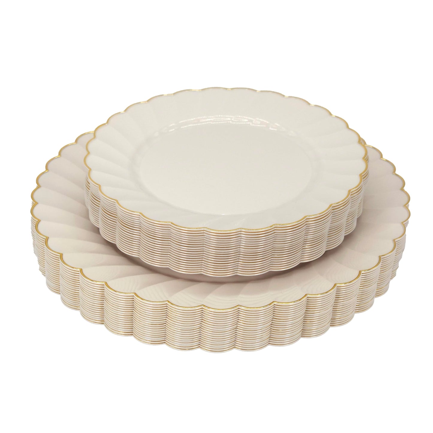 Sobel & Gala PREMIUM 40 Piece Ivory Scalloped Plastic Plates with Gold Rim - 20 Dinner and 20 Dessert - Fancy Disposable Plates for Party - Elegant