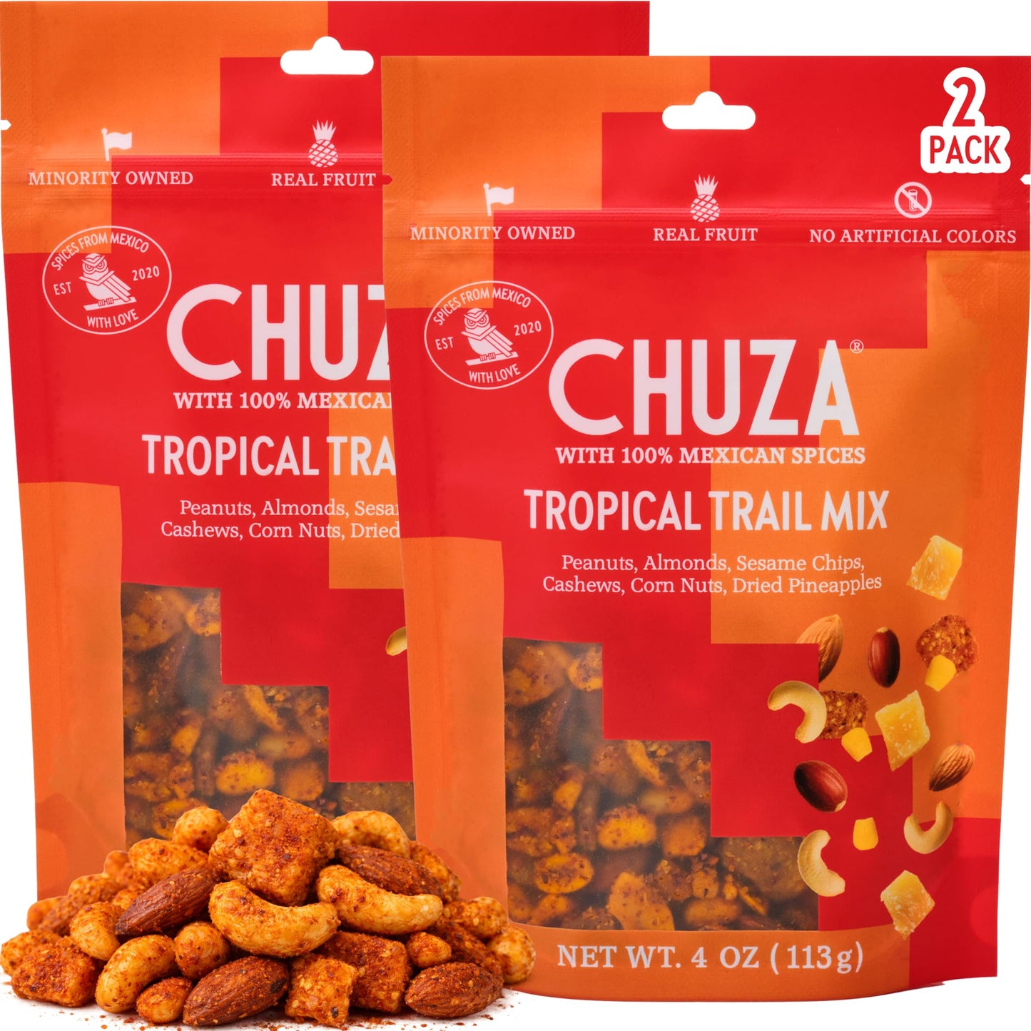 CHUZA Tropical Spicy Trail Mix (4 oz. Pack of 2) - Mexican Snacks Style Sweet Chili Nuts & Dried Fruit, Spicy Nuts, Pineapple, Peanuts, Almonds, Corn