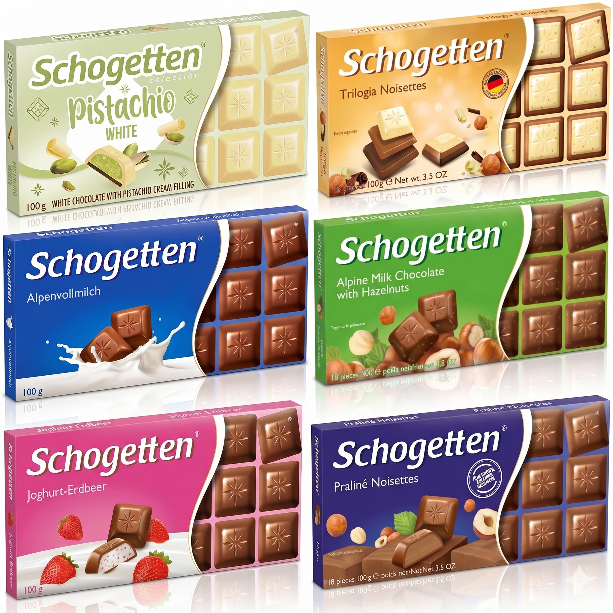 Schogetten Assortment of German Chocolates 6 Variety Pack, 100gram Each