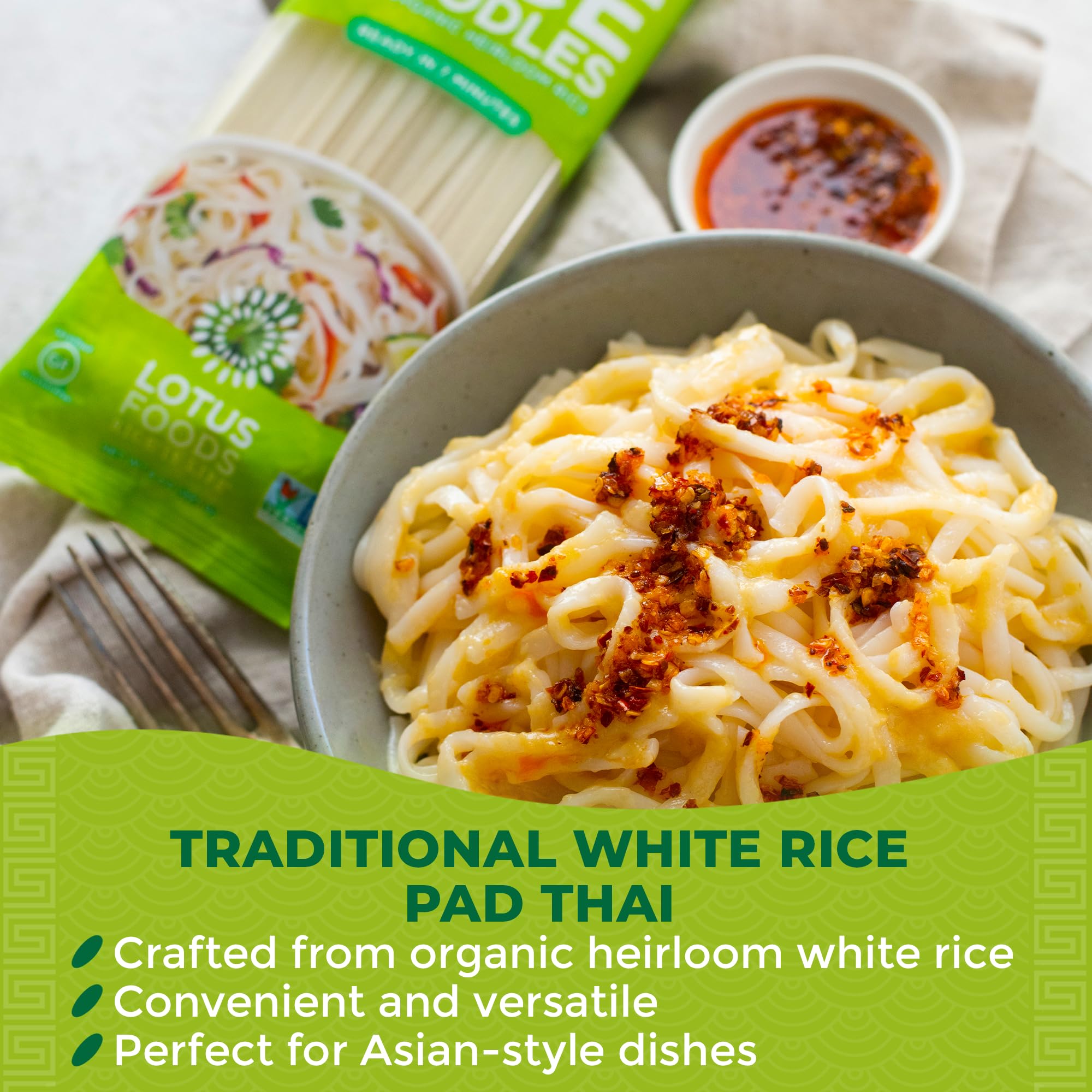 Lotus Foods Traditional Pad Thai Rice Noodles - Pad Thai Noodles, Asian Noodles, Gluten Free Noodles, Rice Noodles, Whole Grain, Non GMO, USDA Organic