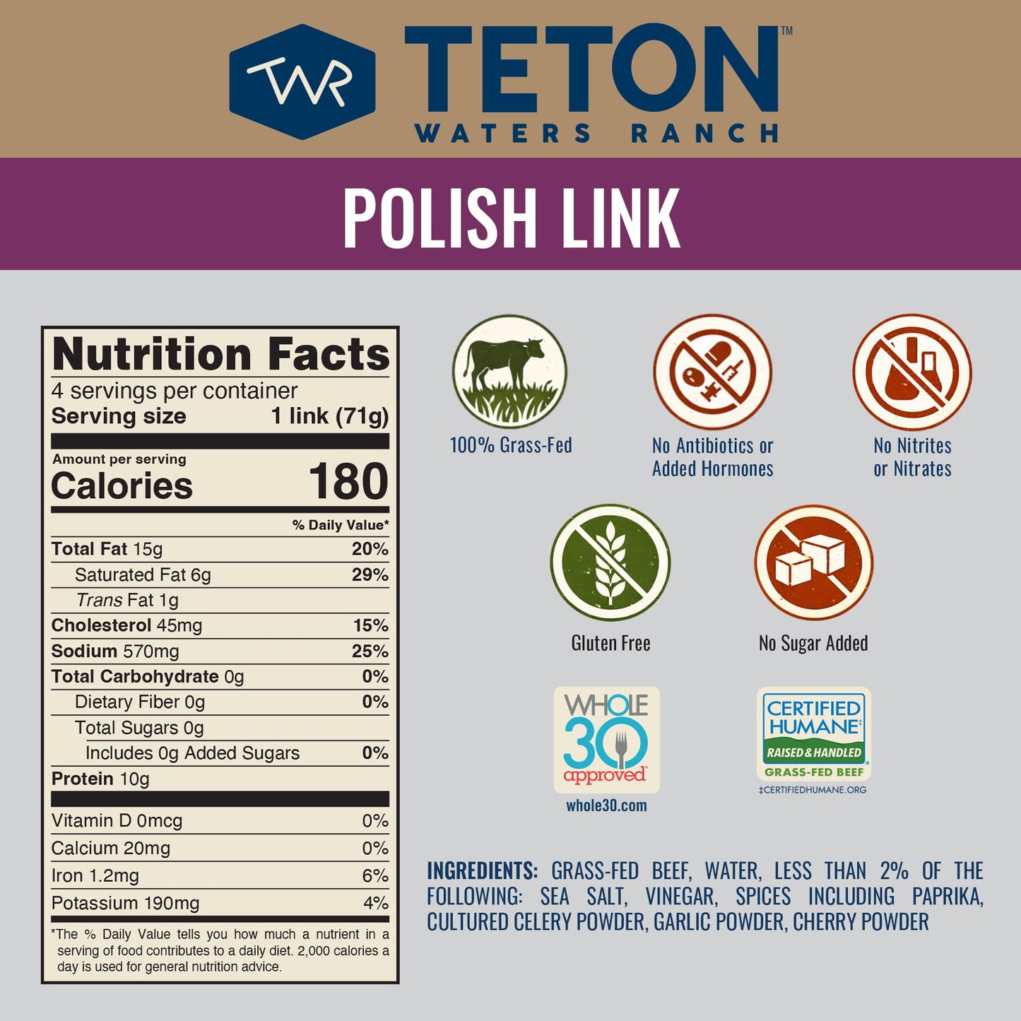 Teton Waters Ranch 100% Grass-Fed Beef Polish Sausage Links, Cooked Uncured Smoked Sausage, No Sugar Added, Certified Humane - 12oz