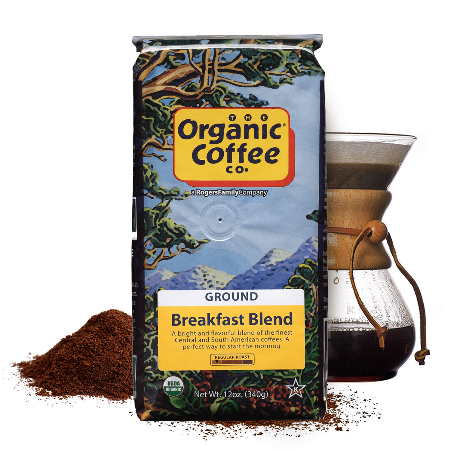 Organic Coffee Co. Breakfast Blend Ground Coffee 12 Ounce Medium Light Roast USDA Organic