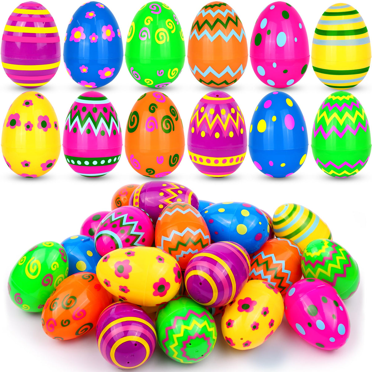 36 PCS 3.1" Plastic Printed Easter Eggs Bulk, Bright Colorful Fillable Empty Easter Eggs Bulks for Egg Hunt, Kids Easter Basket Stuffers Fillers
