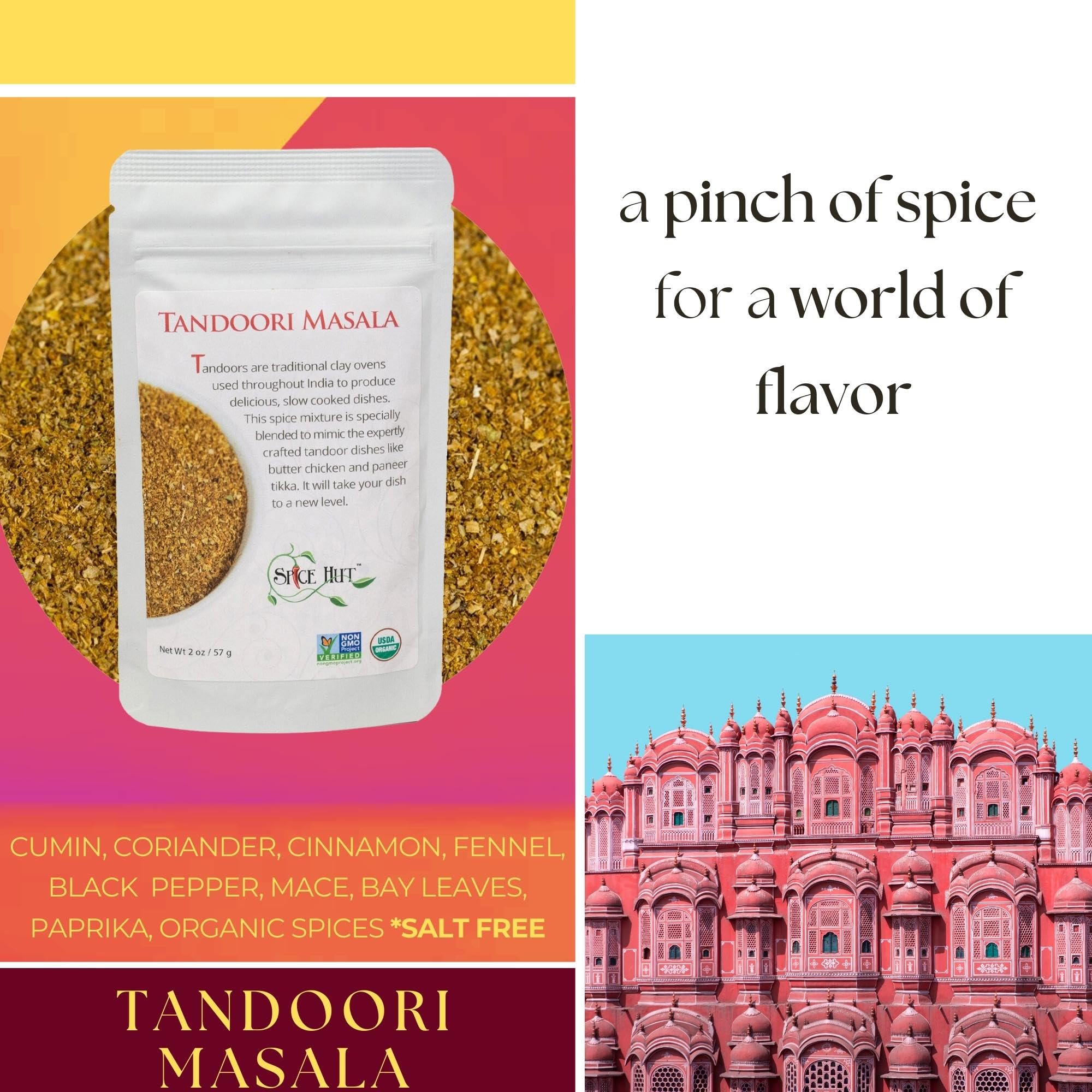 Spice Hut - Organic Tandoori Masala Powder, No Salt, Flavorful Indian Tandori Curry Powder for Cooking South Asian Food - Tandori Chicken Tikka