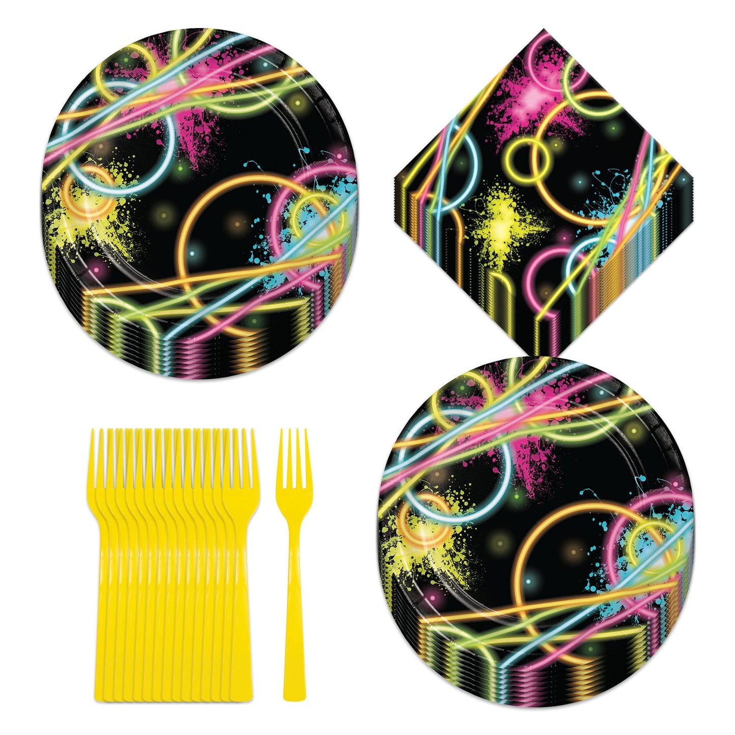 Glow Party Paper Dessert Plates, Beverage Napkins, and Forks (Serves 16)