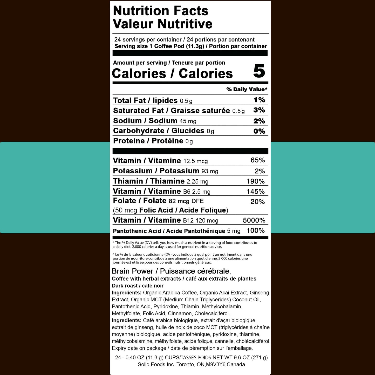 SOLLO Brain Power Dark Coffee Pods MCT & Essential nutrition, Nootropic Brain Booster, For Memory & Focus Compatible with 2.0 K-Cup Keurig Brewers, 24
