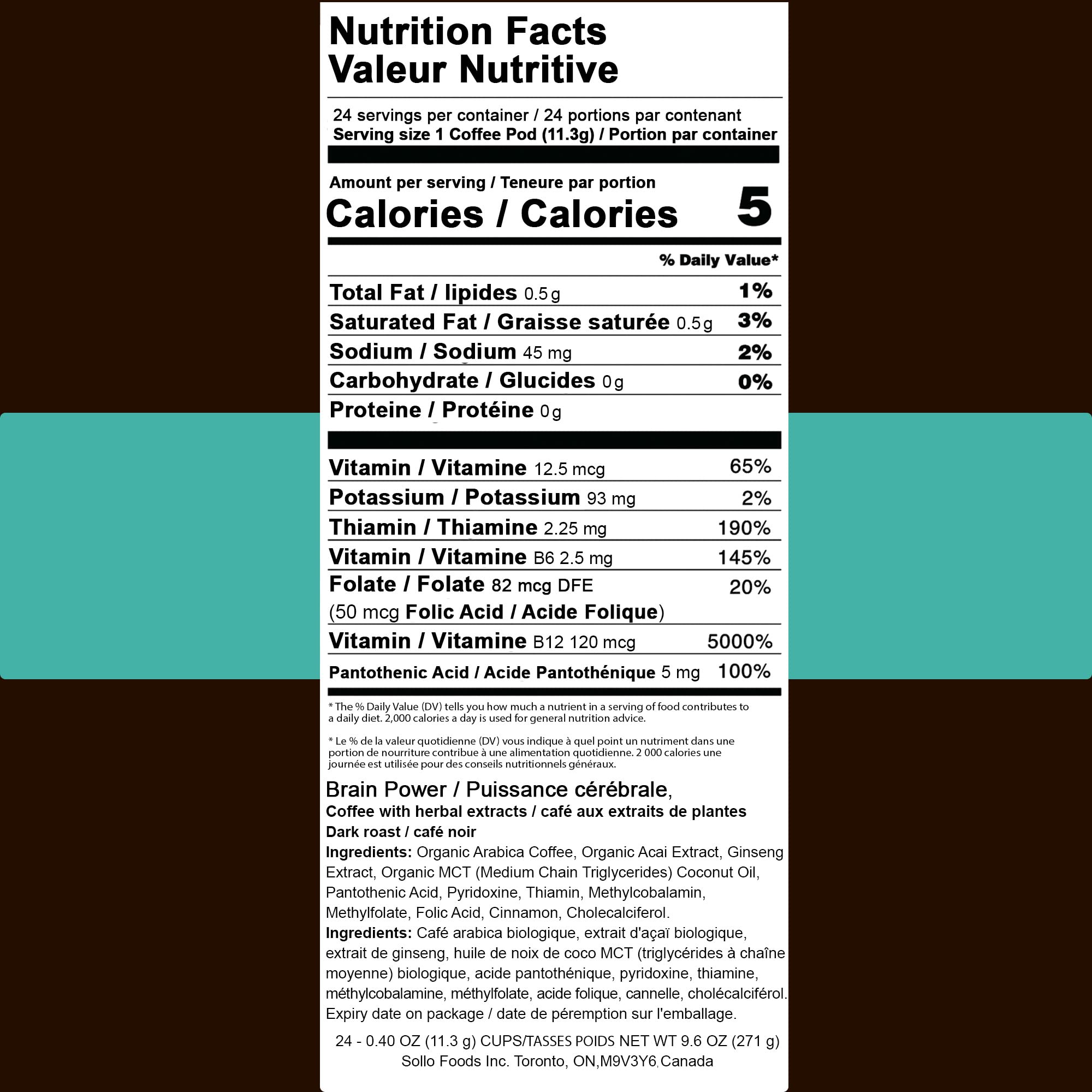 SOLLO Brain Power Dark Coffee Pods MCT & Essential nutrition, Nootropic Brain Booster, For Memory & Focus Compatible with 2.0 K-Cup Keurig Brewers, 24