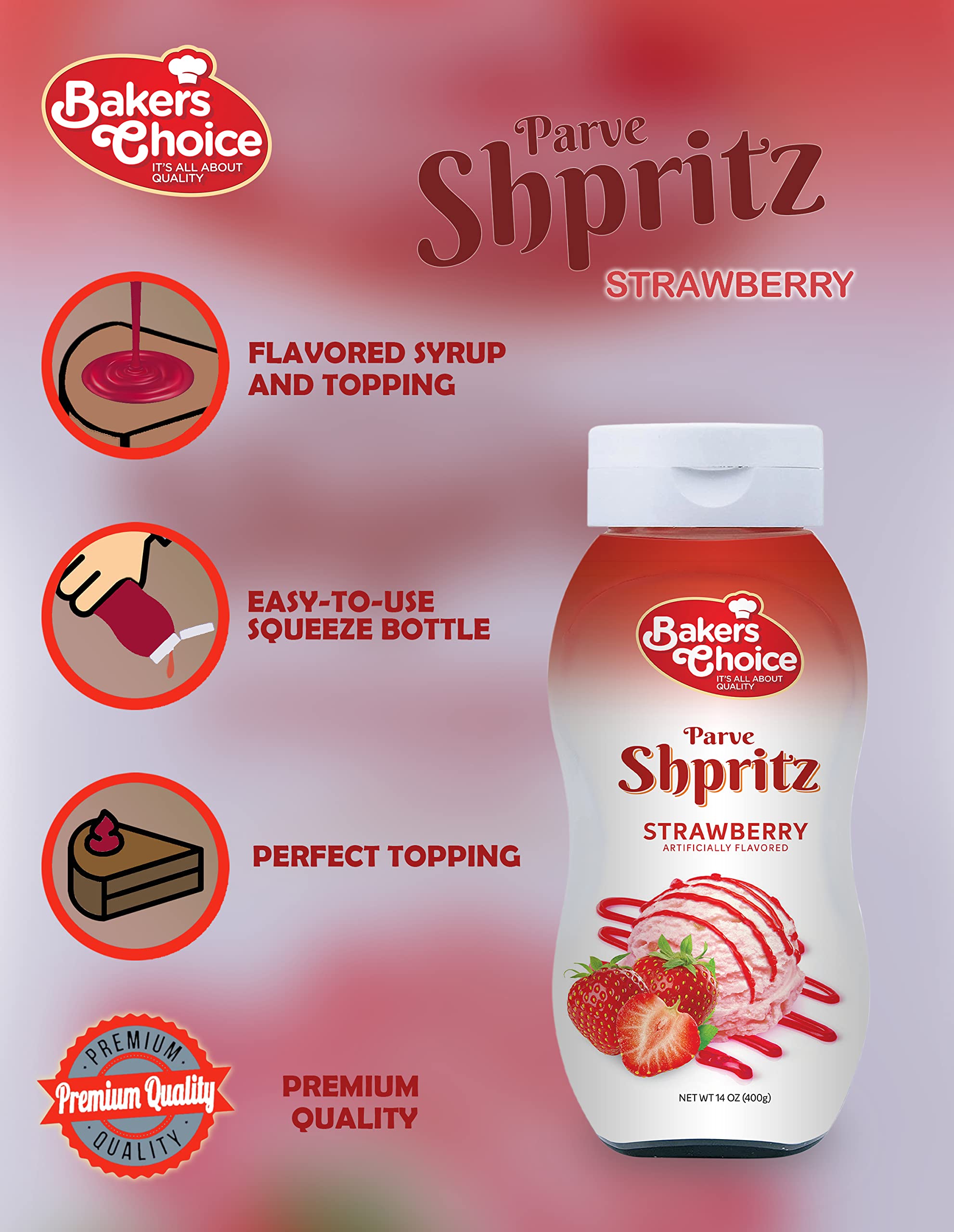 Strawberry Syrup - Ice Cream Toppings Spritz - 14 Ounce - Strawberry Sauce Squeeze Bottle Decorative Pancake - Kosher - by Bakers Choice