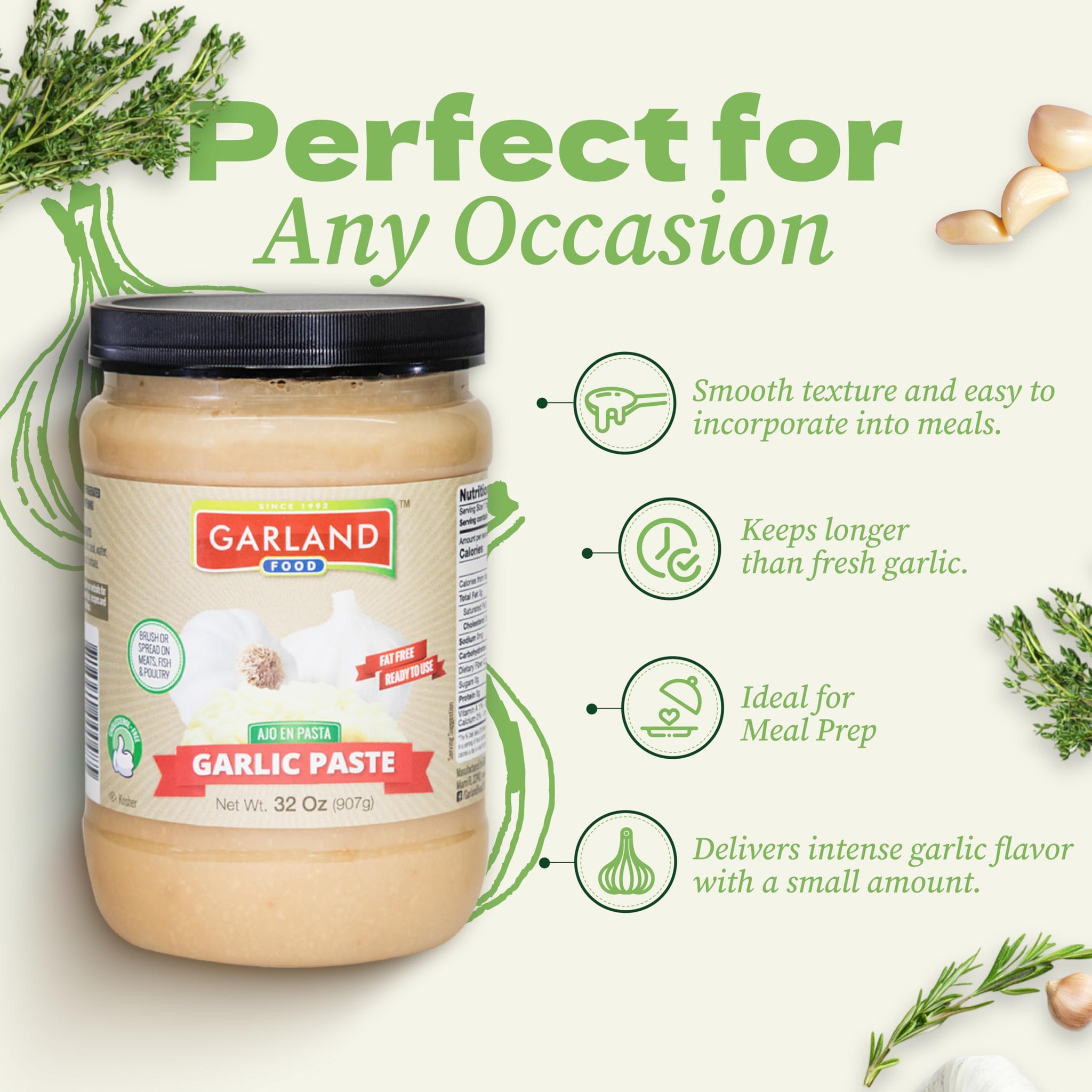Garland Food Garlic Paste 32 oz - Smooth & Flavorful Garlic Spread for Cooking, Marinades, and Easy Meal Prep