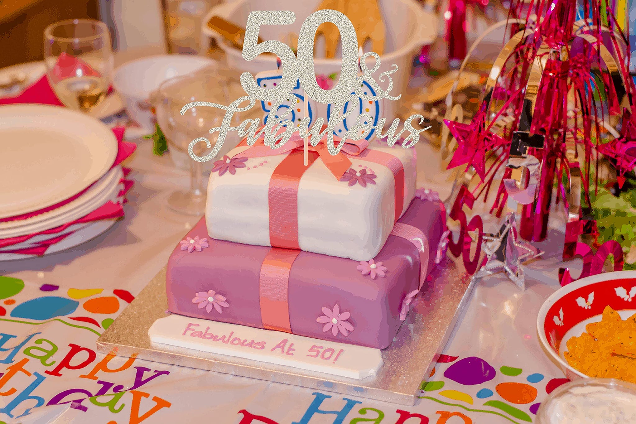 AHAORAY 50 Fabulous Cake Topper, Premium Silver Glitter Cardboard Cake Decoration for 50th Happy Birthday Party - Fifty and Fabulous Cake Topper