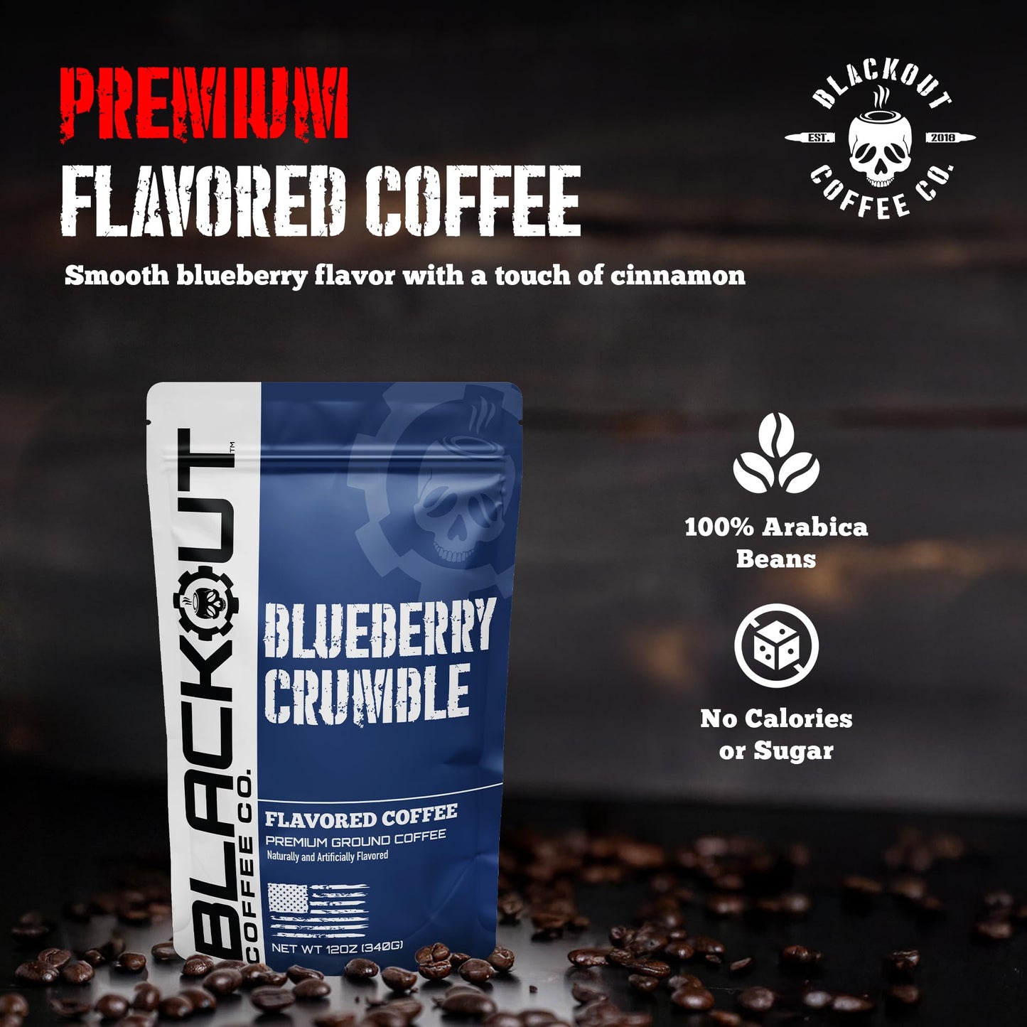 Blackout Coffee Blueberry Crumble Flavored Ground Coffee - Medium Roast, Smooth Taste, Guilt-Free Indulgence - Freshly Roasted 12oz Bag