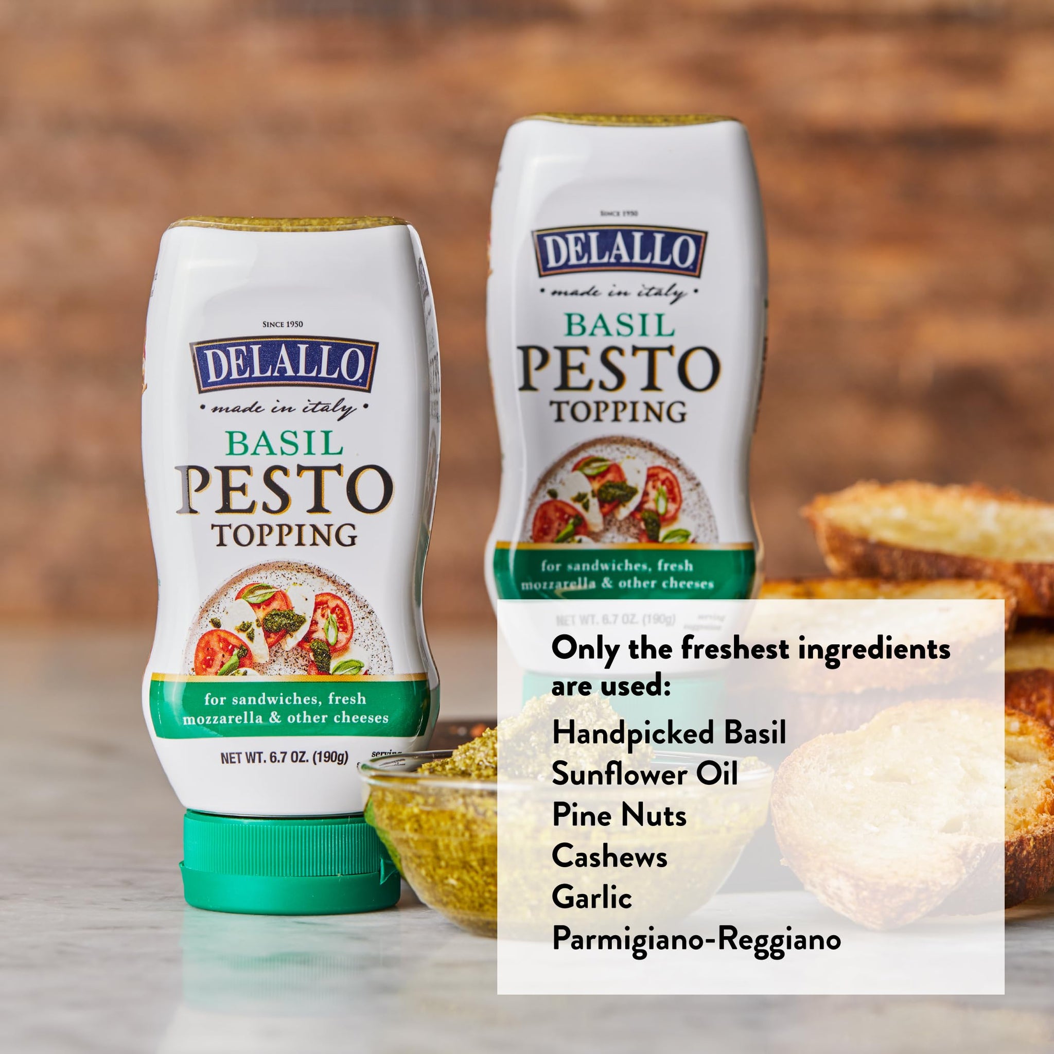 DeLallo Basil Pesto Topping, 6.7 Ounce Squeeze Bottle, (4 Pack), Made in Italy, Ready-to-Use Condiment