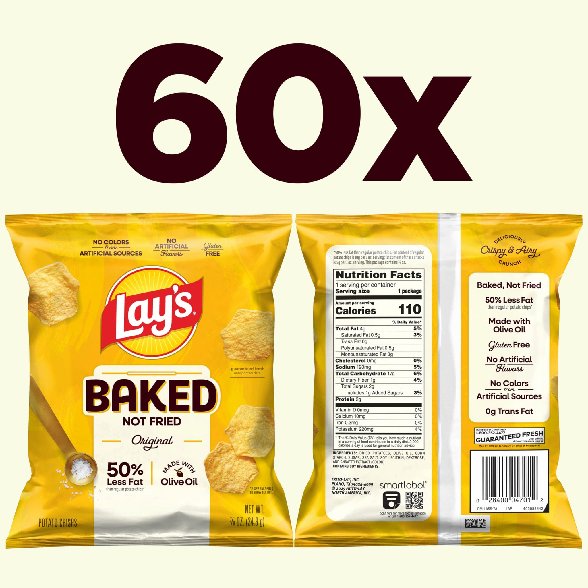 Baked Lay's Potato Chips, Original, 0.875 oz Bags, (60 Pack), 50% Less Fat, Gluten Free, No Artificial Flavors, No Colors from Sources