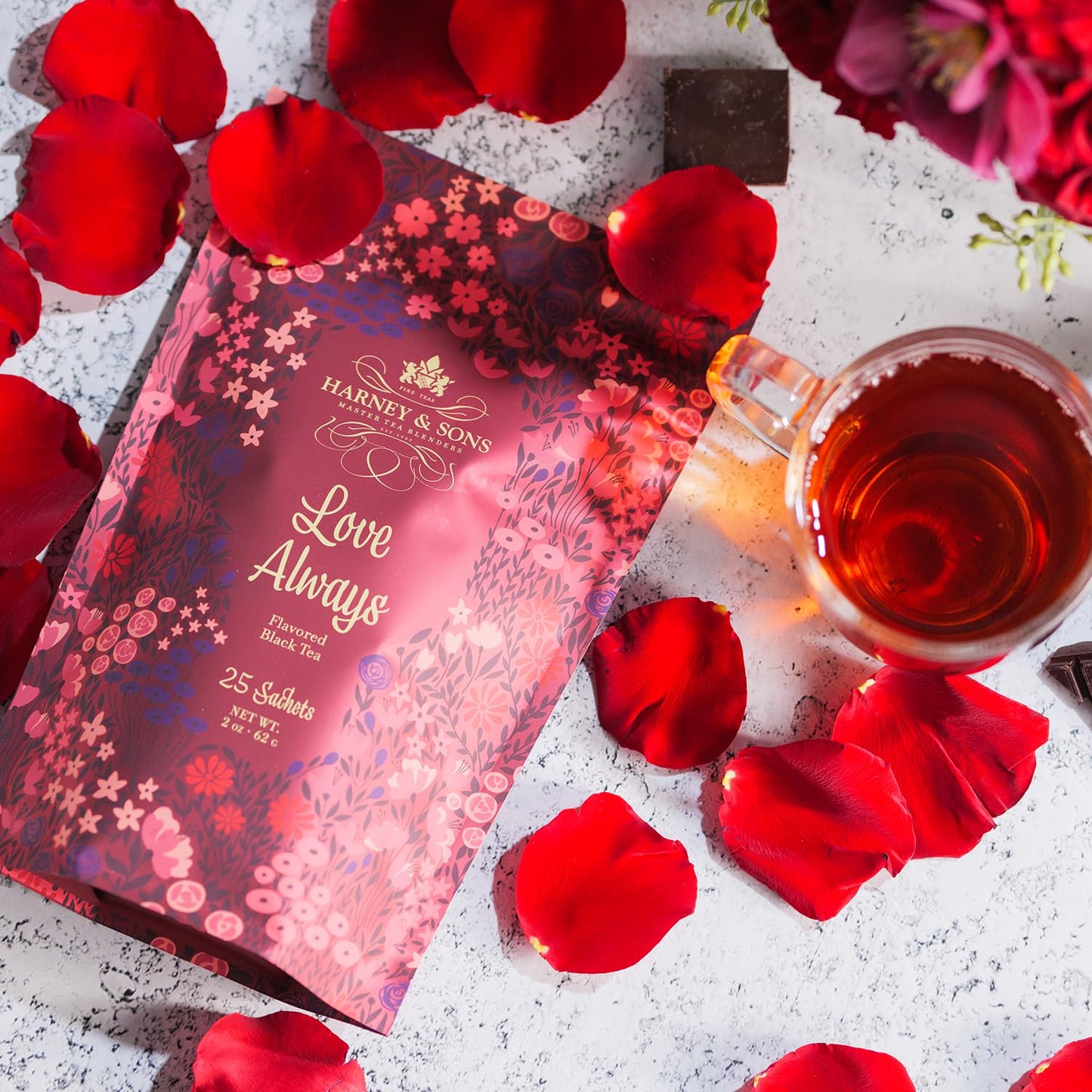 Harney & Sons Love Always Tea | 25 Sachets of Caffeinated Black Tea with Chocolate Flavor and Rosebuds, for your Valentine