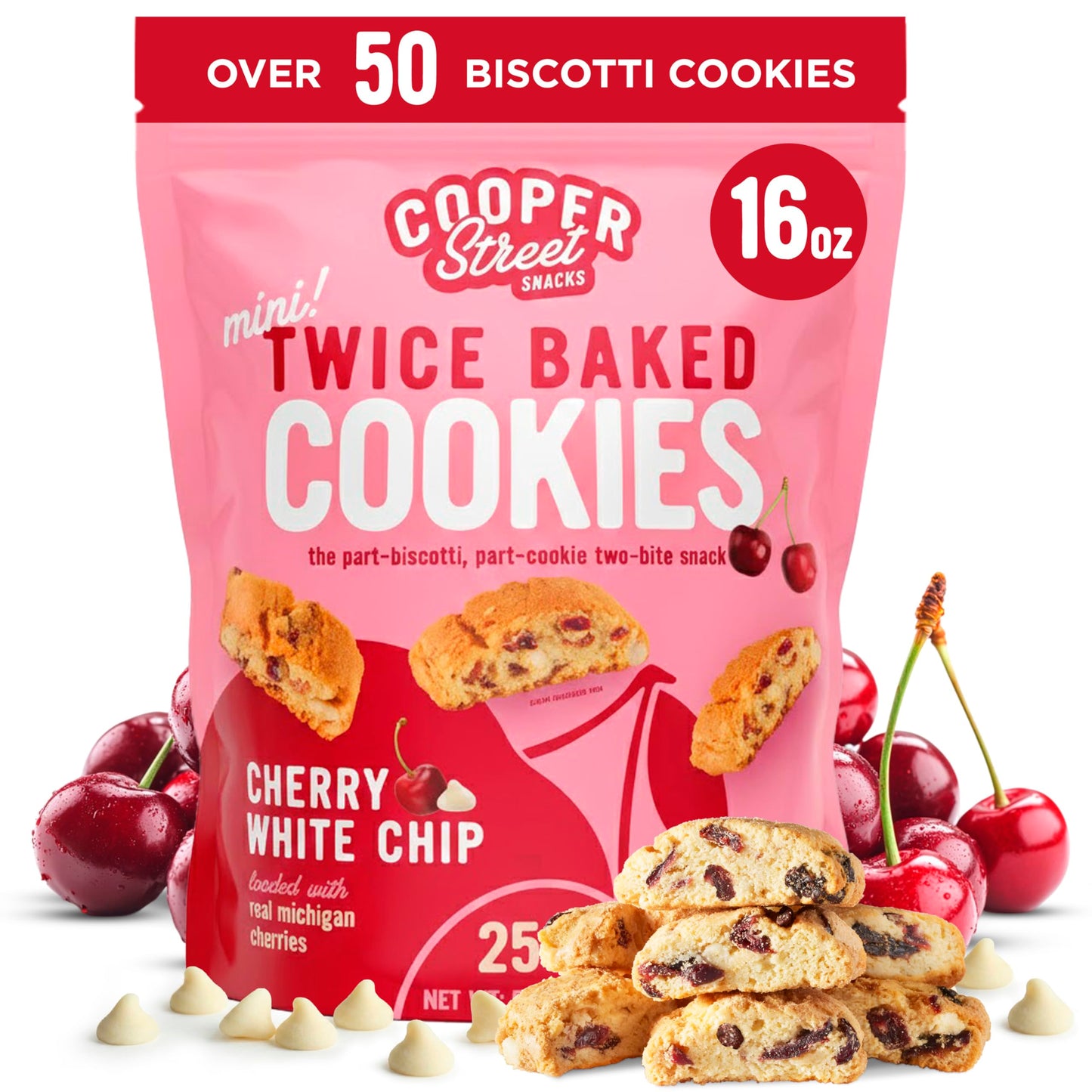Cooper Street Twice-Baked Cherry White Chip Biscotti Cookies (16 oz) - Over 50 Biscotti Cookies per Bag Loaded with Real Fruit, Traditional Italian