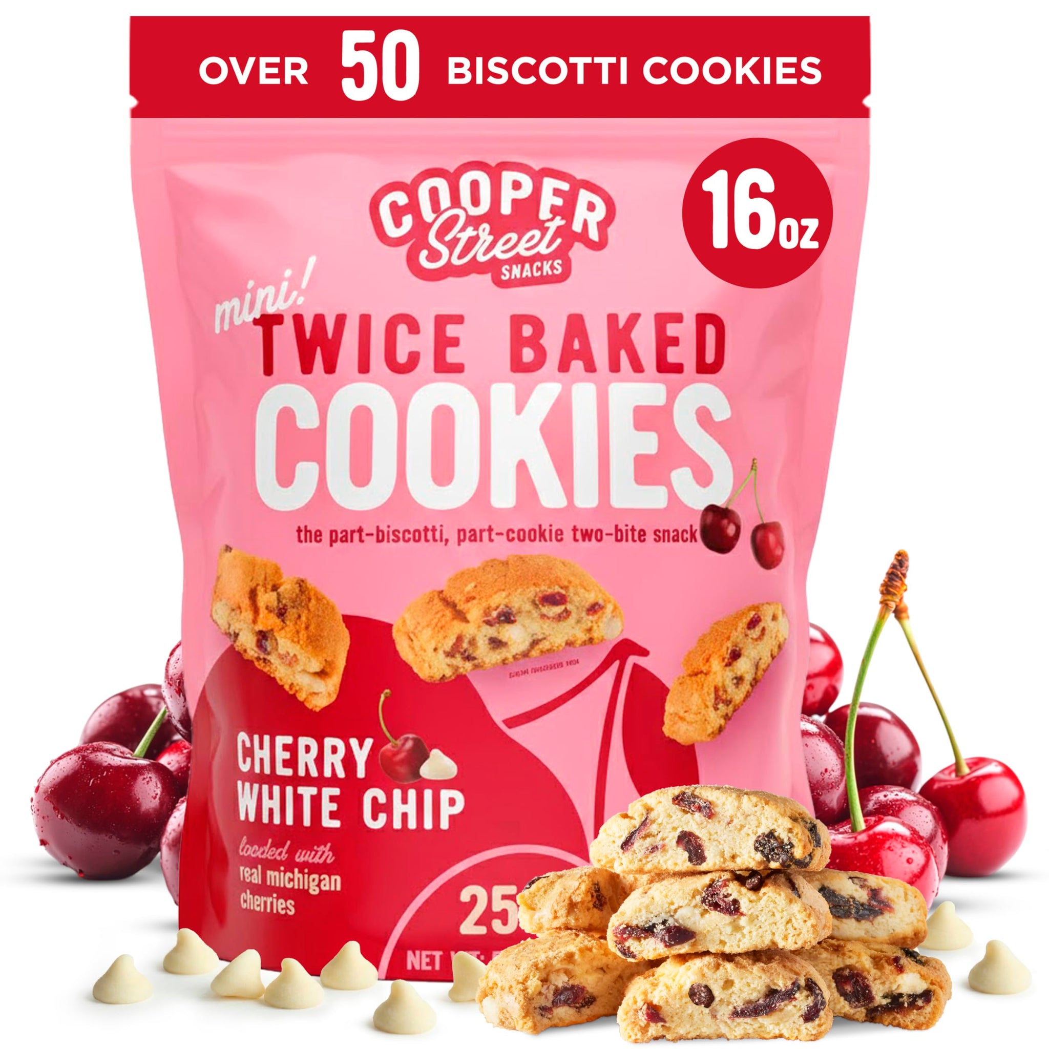 Cooper Street Twice-Baked Cherry White Chip Biscotti Cookies (16 oz) - Over 50 Biscotti Cookies per Bag Loaded with Real Fruit, Traditional Italian