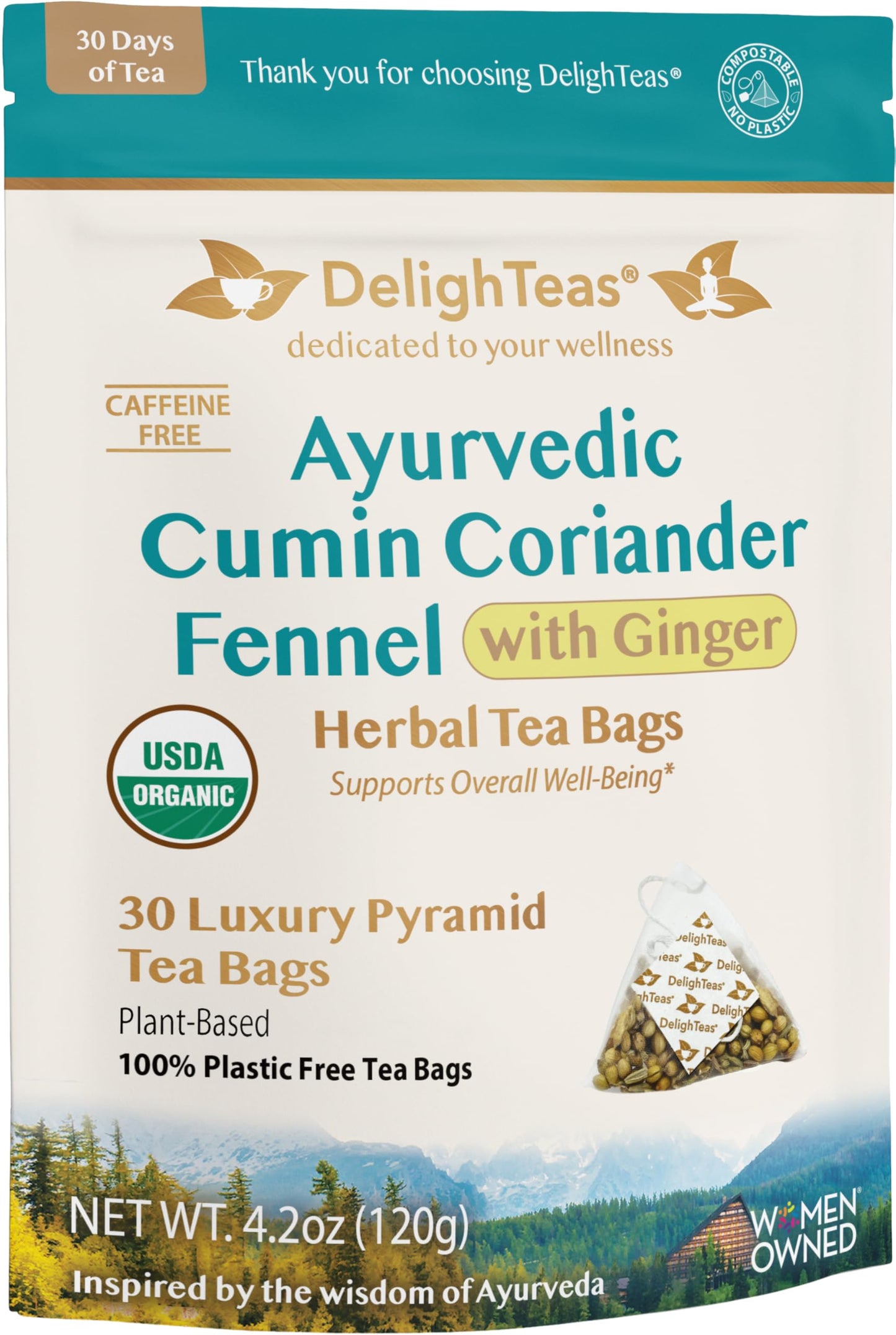 DelighTeas Organic Digest & Detox CCF Tea with Ginger | Eco-Conscious Pyramid Tea Bags | Ayurvedic Cumin Coriander Fennel Ginger Tea | USDA Organic