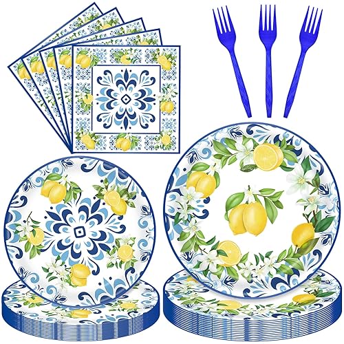 100 Pieces Mediterranean Citrus Party Tableware Set - Blue White Lemon Plates, Napkins and Forks, Disposable Dinnerware for Summer Birthday, Bridal